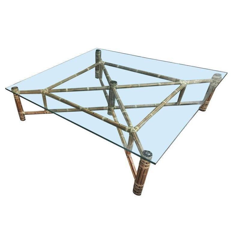 Late 20th Century 1970s Large Bamboo and Glass Square Coffee Table by John McGuire For Sale