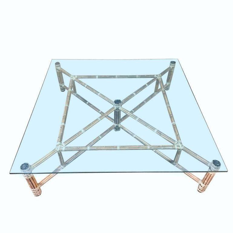 1970s Large Bamboo and Glass Square Coffee Table by John McGuire For Sale 1