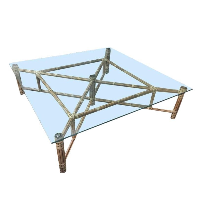 Large Bamboo and Glass Square Coffee Table by John McGuire For Sale at
