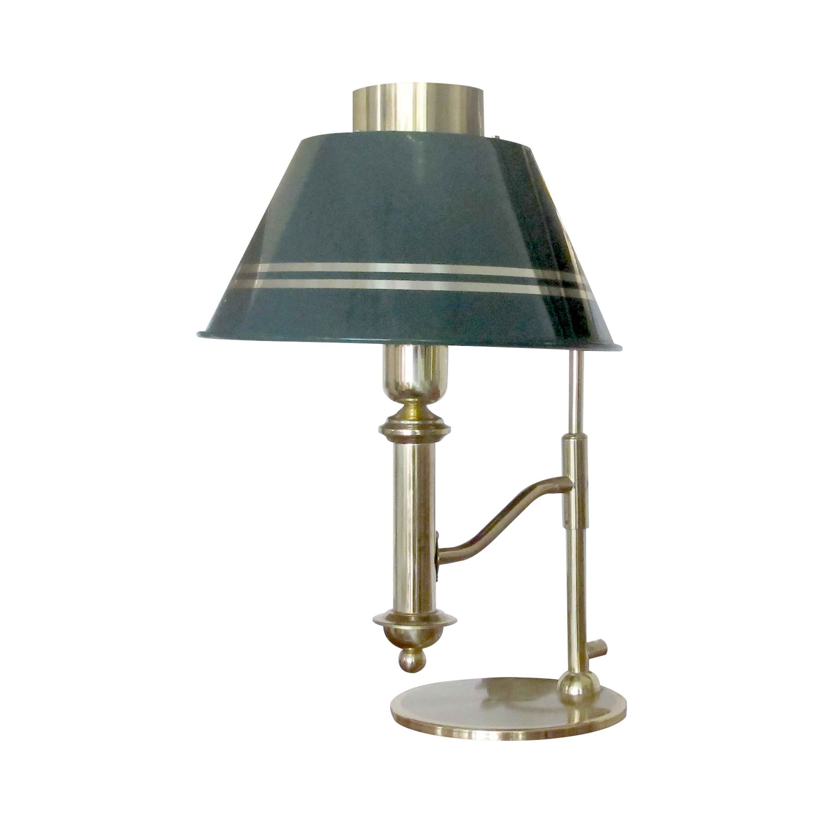 Mid-Century Modern 1970s Large Brass Desk Table Lamp with Green Metal Shade, Swedish For Sale