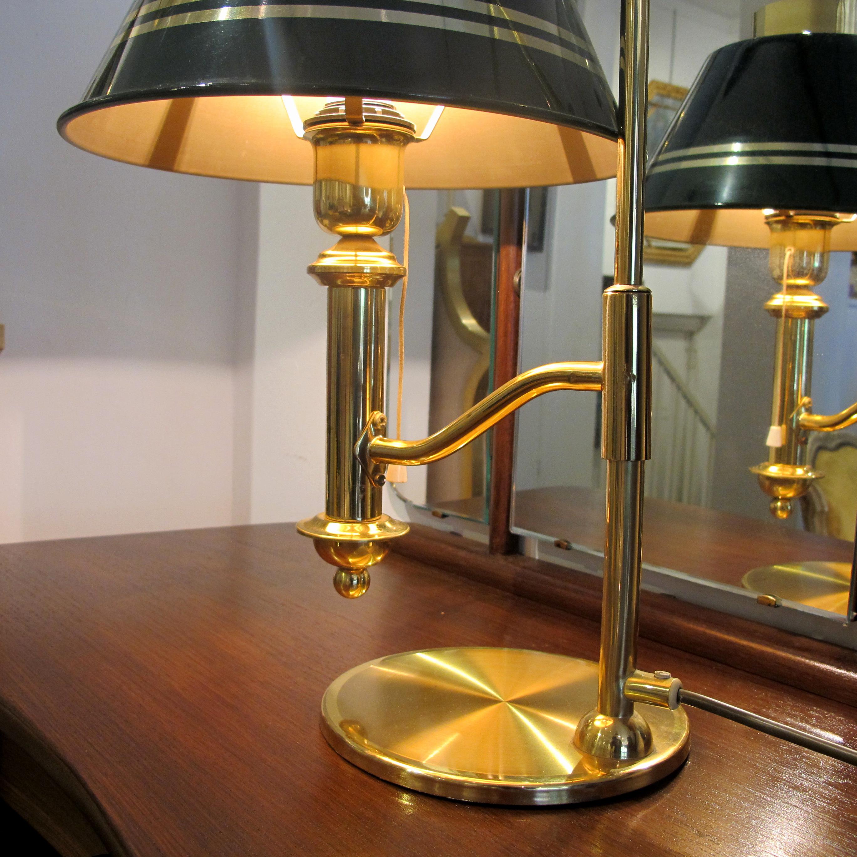 1970s Large Brass Desk Table Lamp with Green Metal Shade, Swedish For Sale 2