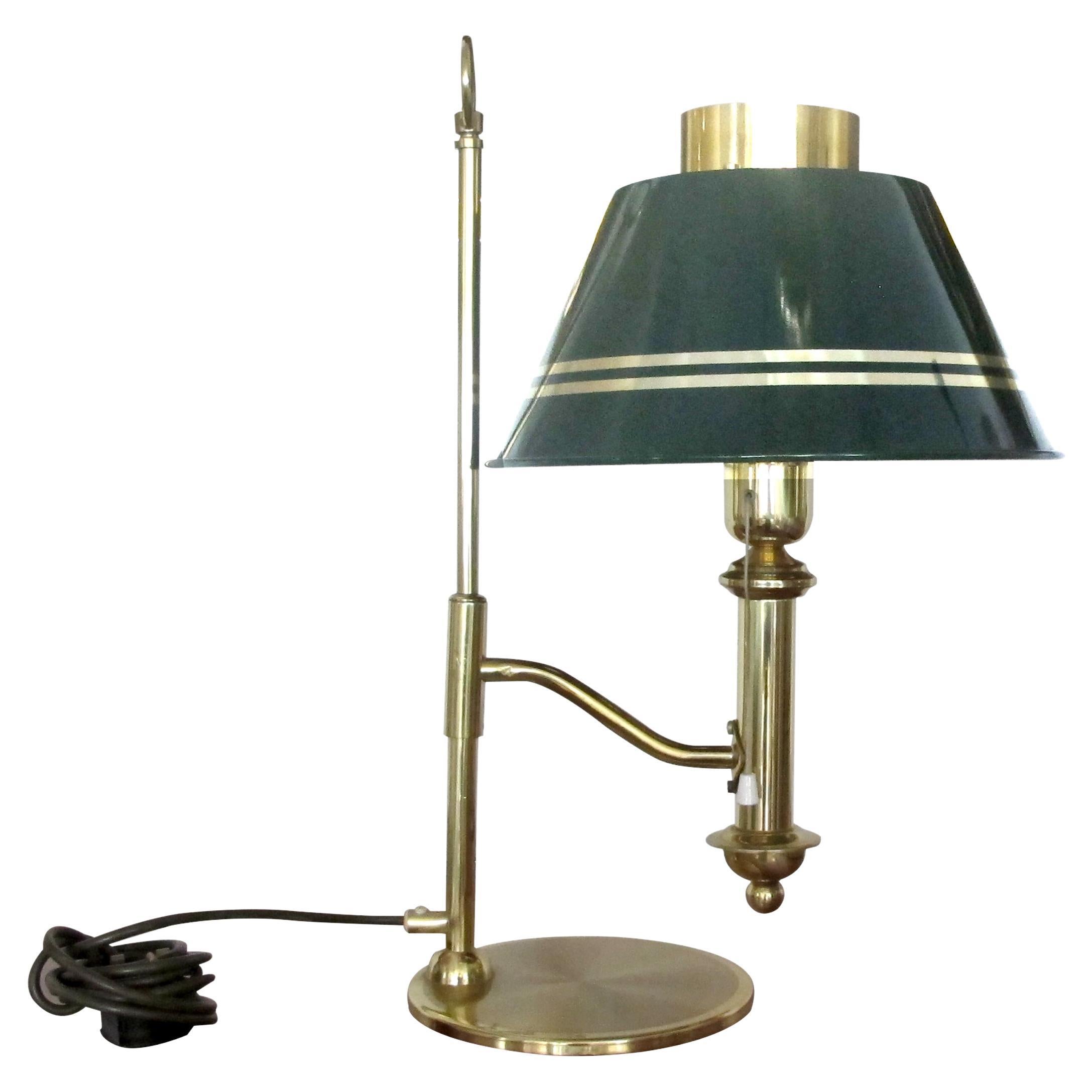 1970s Large Brass Desk Table Lamp with Green Metal Shade, Swedish For Sale
