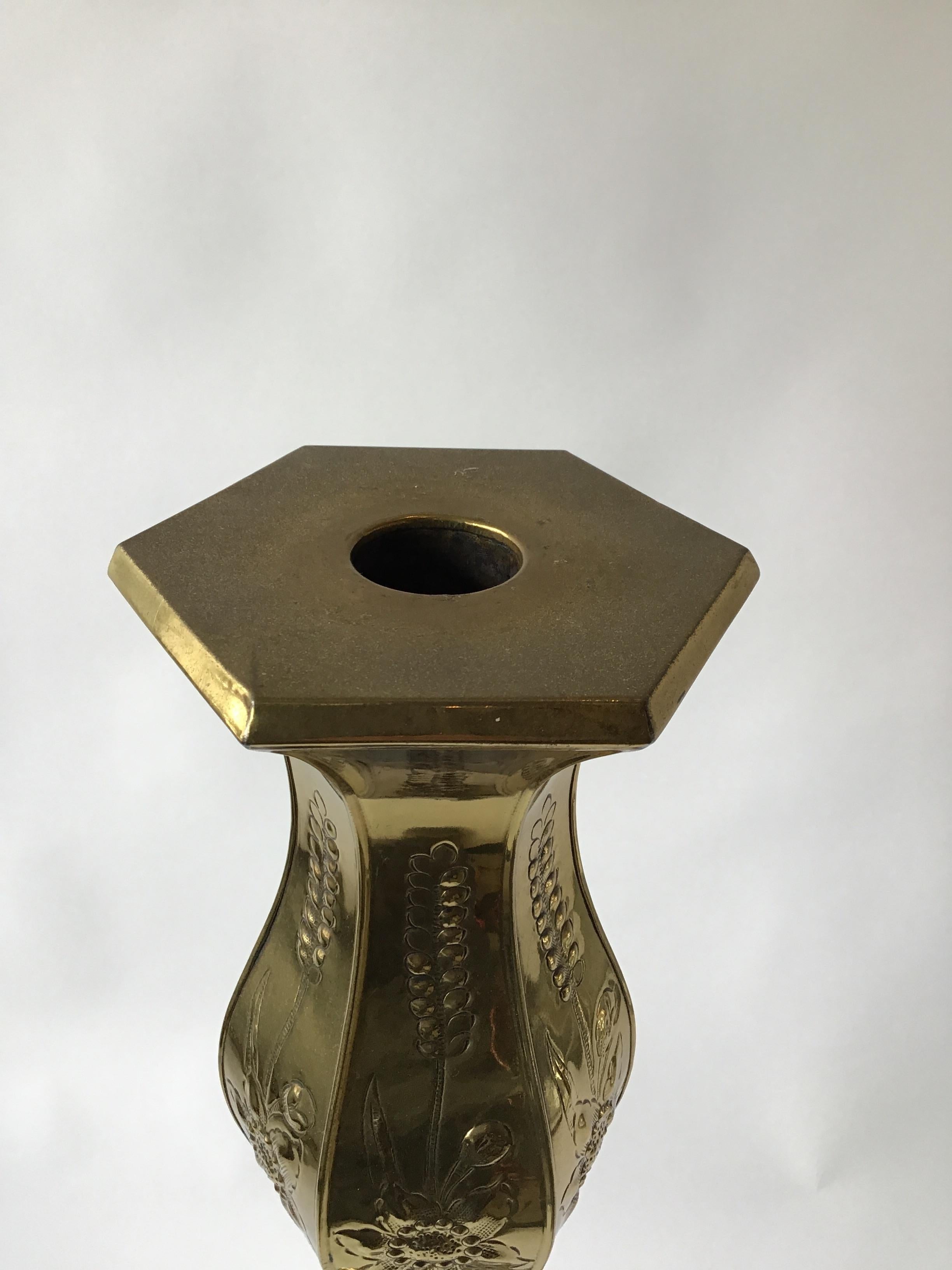1970s Large Brass Embossed Floor Candlestick For Sale 7