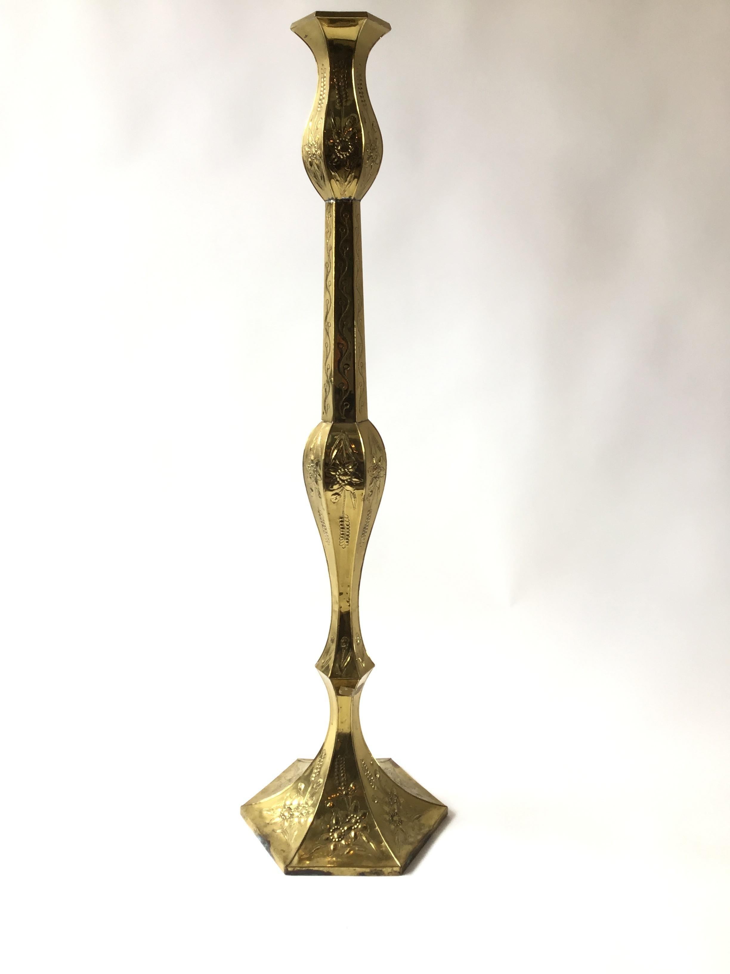 1970s large brass embossed candlestick.