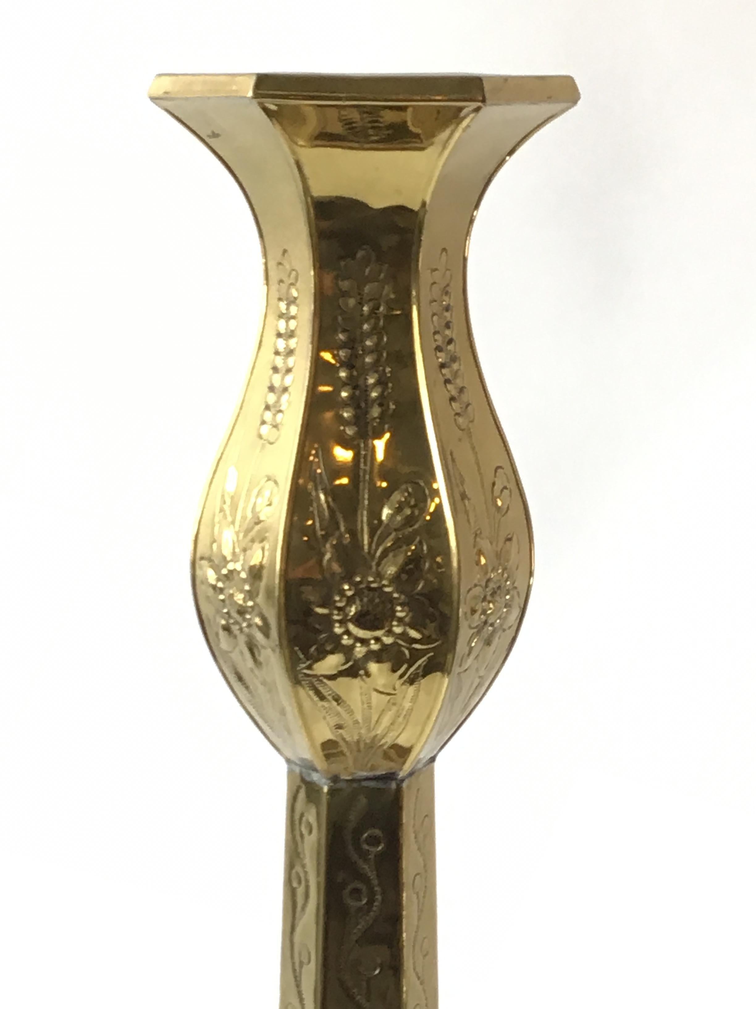 1970s Large Brass Embossed Floor Candlestick In Good Condition For Sale In Tarrytown, NY