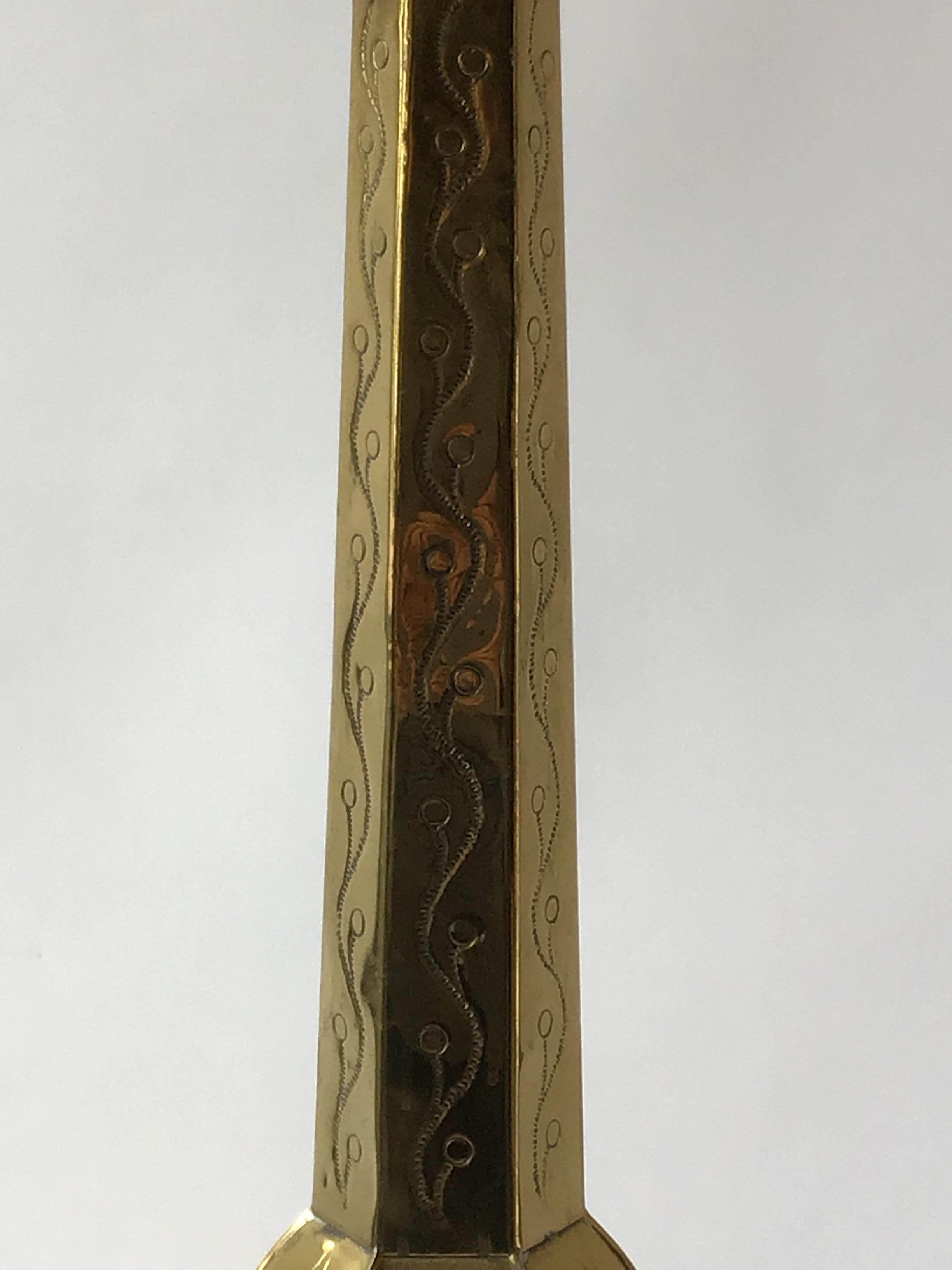 Late 20th Century 1970s Large Brass Embossed Floor Candlestick For Sale