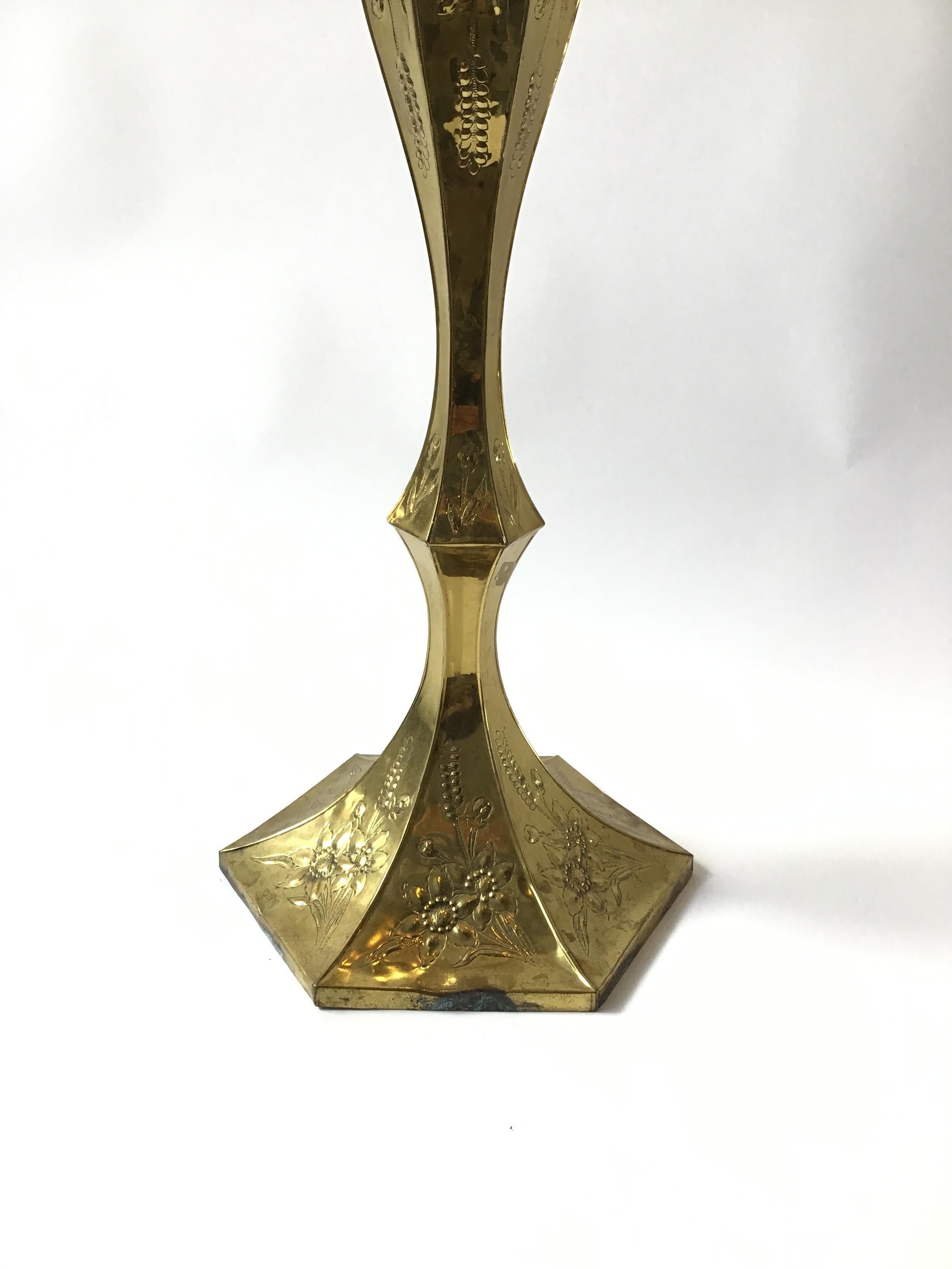 1970s Large Brass Embossed Floor Candlestick For Sale 2