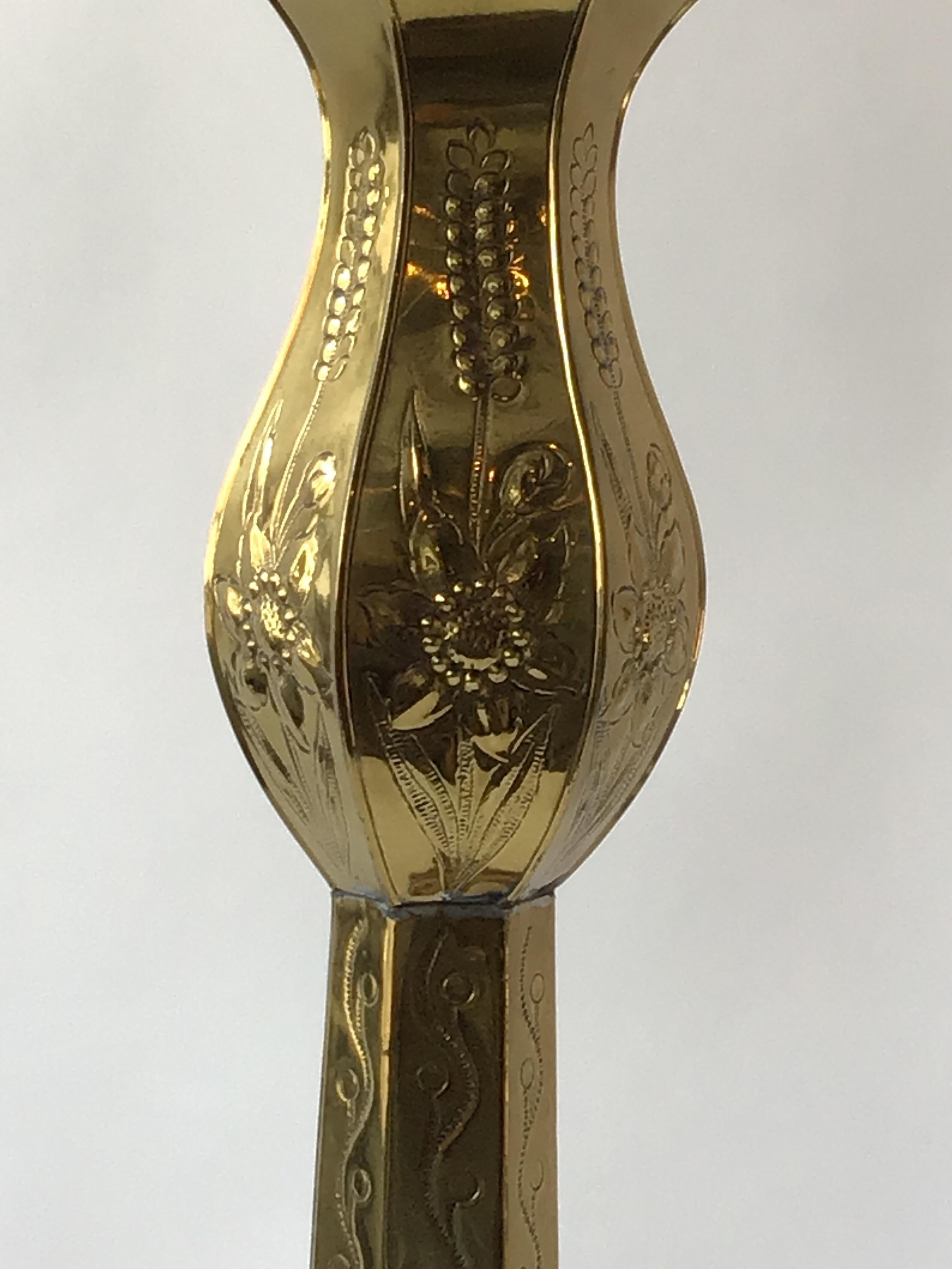 1970s Large Brass Embossed Floor Candlestick For Sale 3