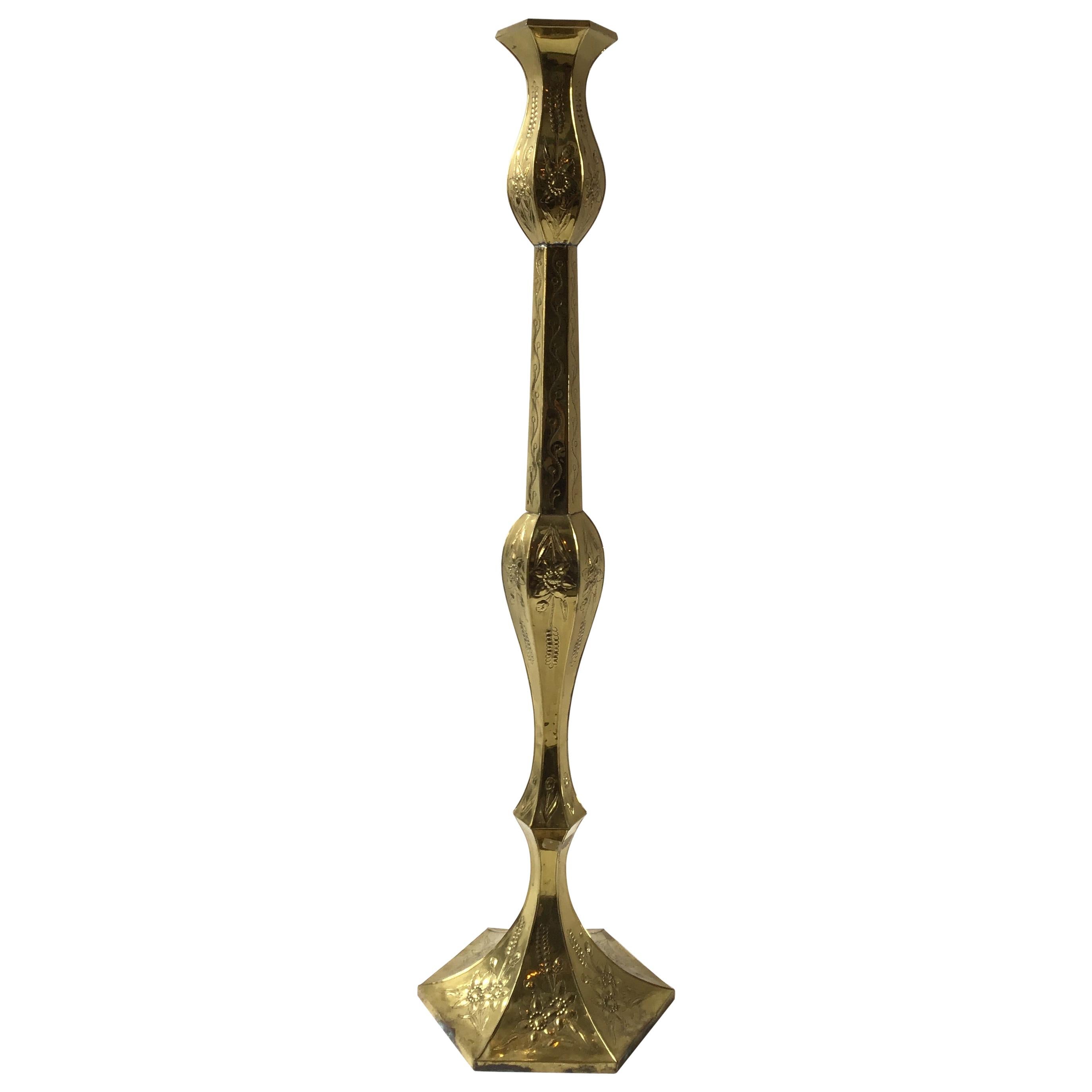 1970s Large Brass Embossed Floor Candlestick