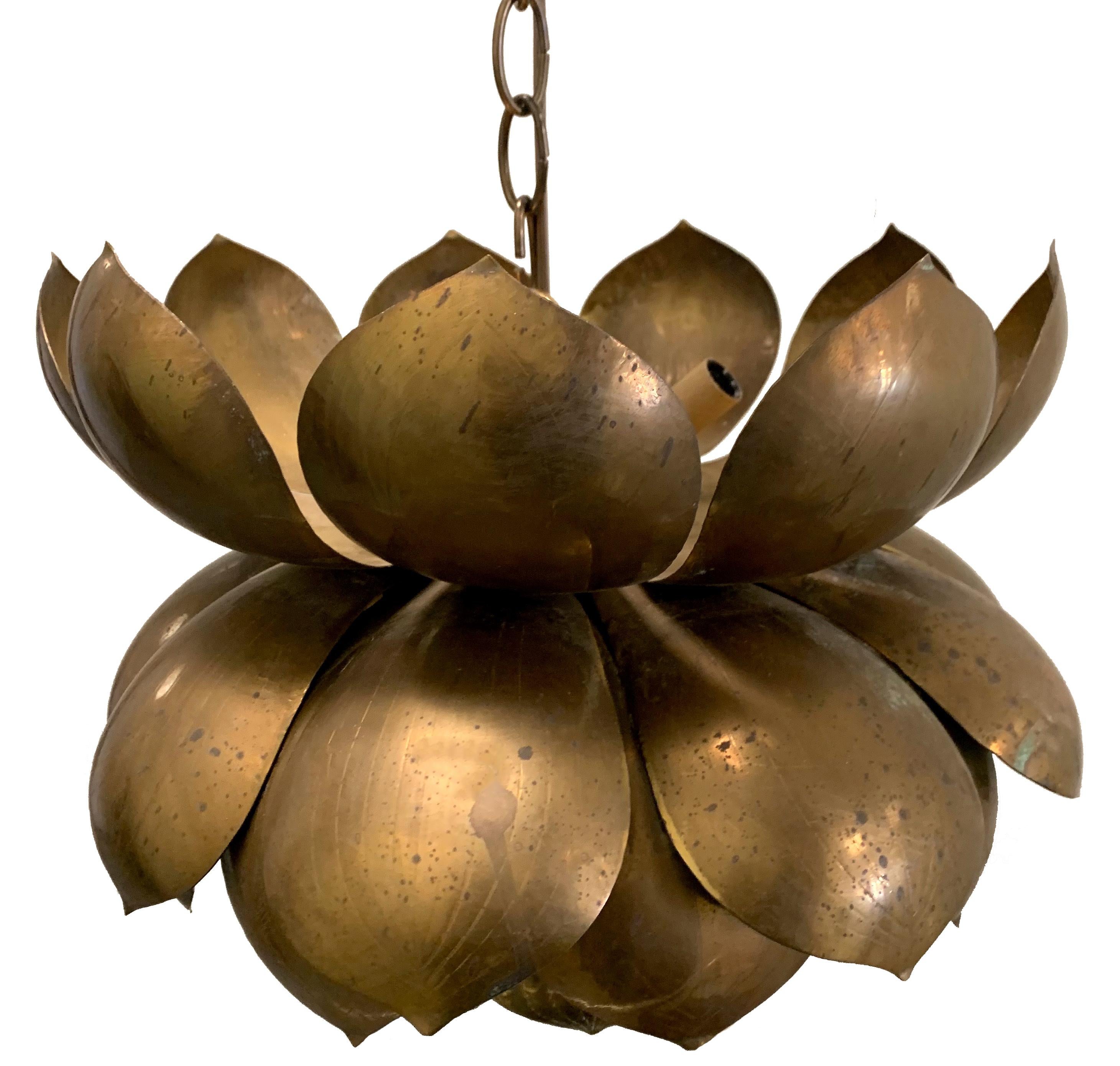 1970s Feldman large brass lotus pendant light. Newly rewired. Takes one standard bulb and three chandelier bulbs (not included). 36” L chain and new brass canopy included. Overall unpolished dark brass patina. Can be polished or re-plated for an