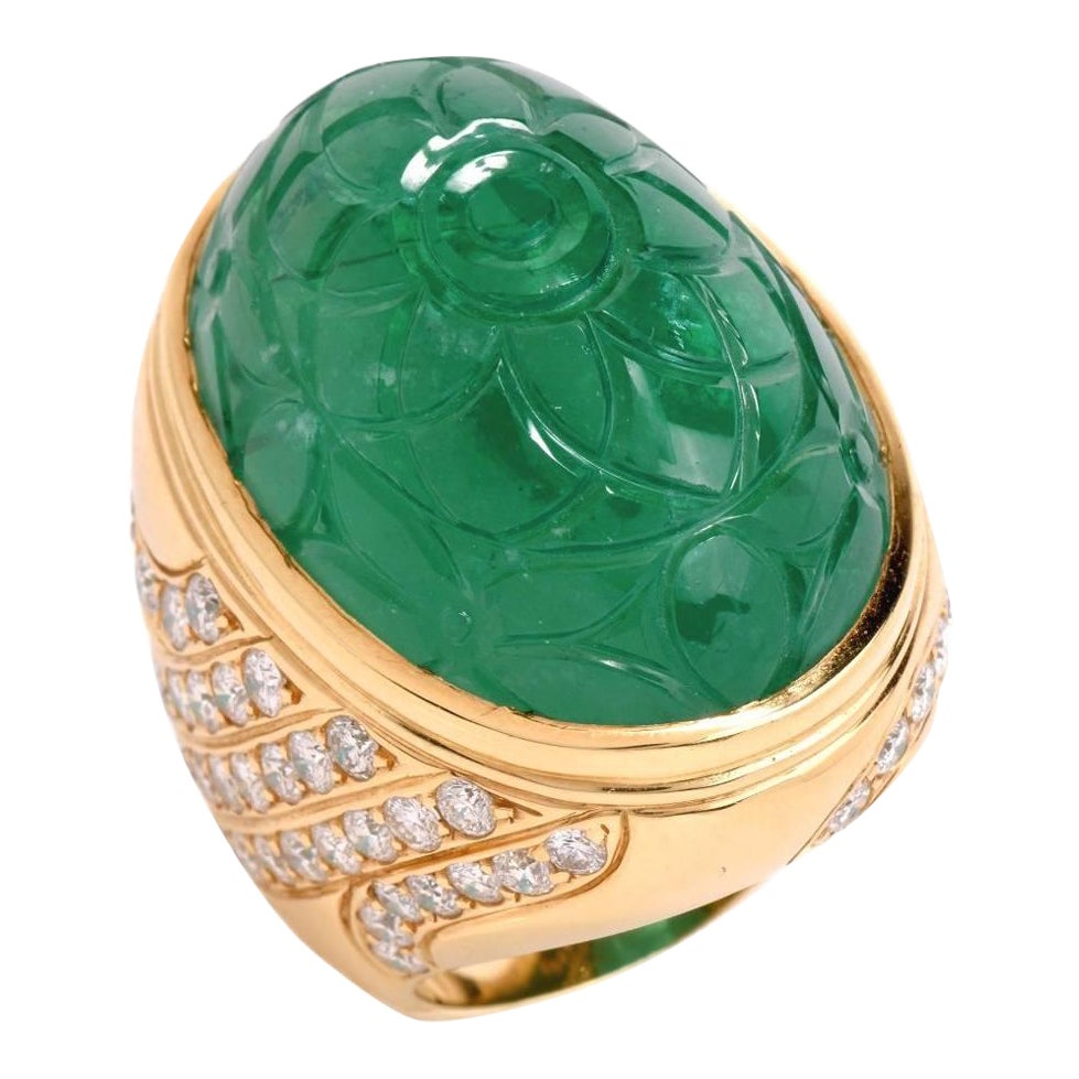 1970s Large Carved Colombian Emerald Diamond Cocktail Gold  Ring For Sale