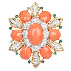 1970s Large Coral Diamond Emerald 18K Gold Brooch and pendant