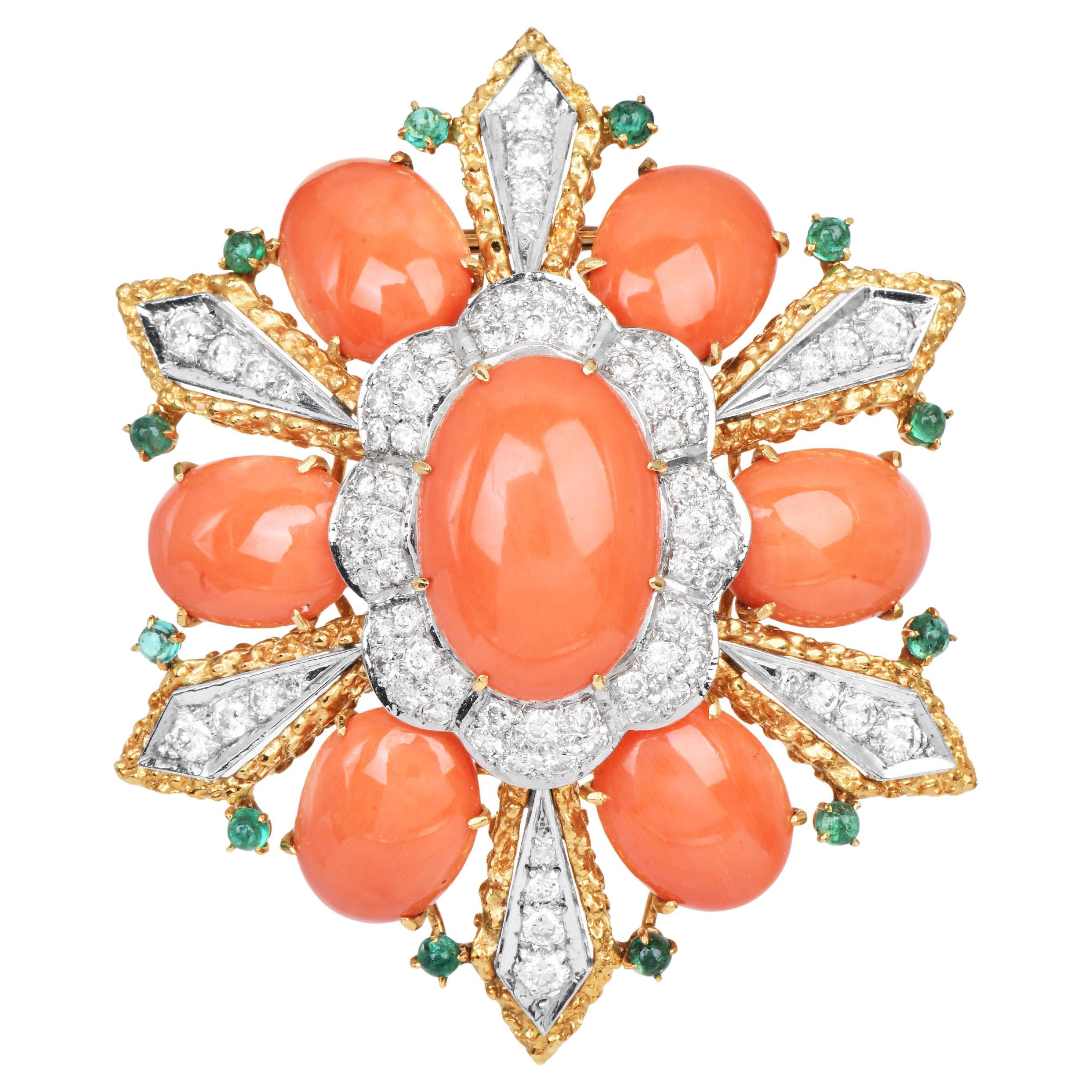 1970er Große Koralle Diamant Smaragd 18K Gold Brosche und Anhänger
