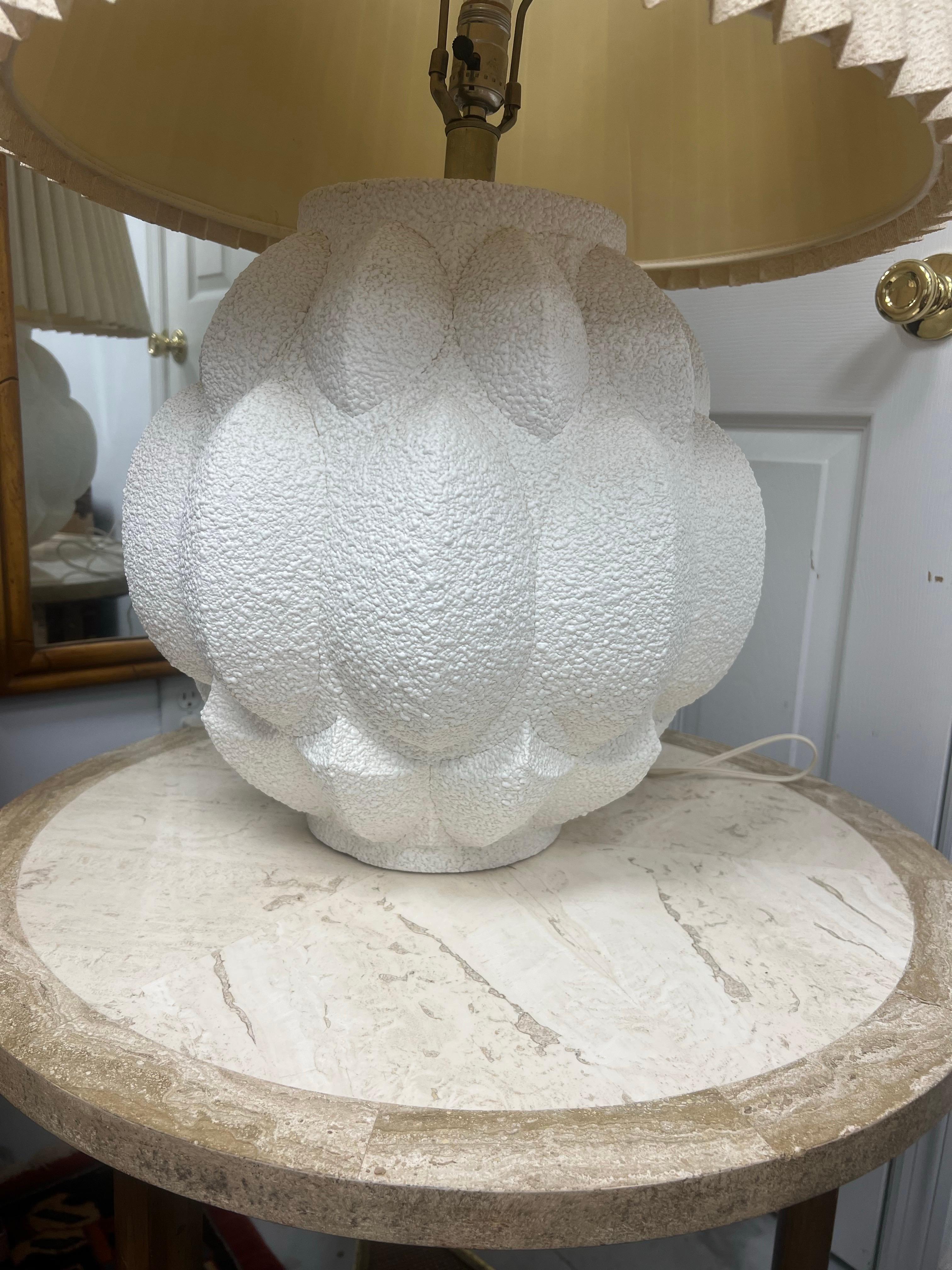 Oooh this lamp is fabulous!  It’s fat and large but does not overpower the room.   I’ve only seen one similar to this!   The pleated shade is in perfect condition.  It is wired as a 3 way lamp.  There are no chips or cracks in the lamp itself.  This
