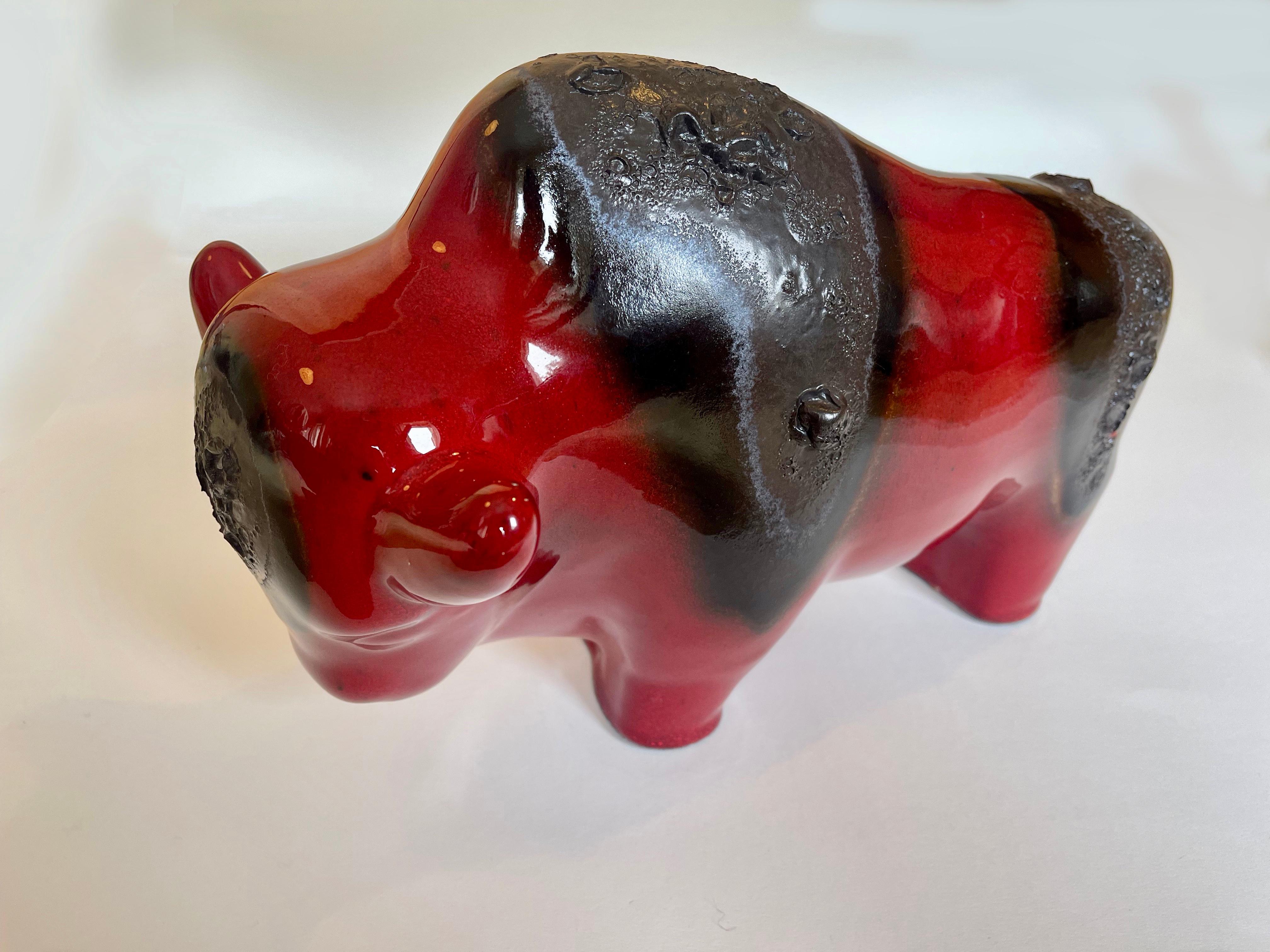Ceramic 1970s Large Fat Lava Bull, Red & Black by West German Otto Keramik Buffalo