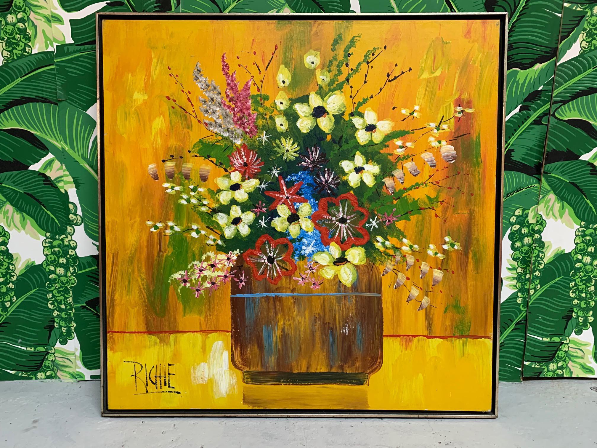 Large framed acrylic on canvas in a floral motif by artist Richie. Good condition with imperfections consistent with age. May exhibit scuffs, marks, or wear, see photos for details. 
 
 