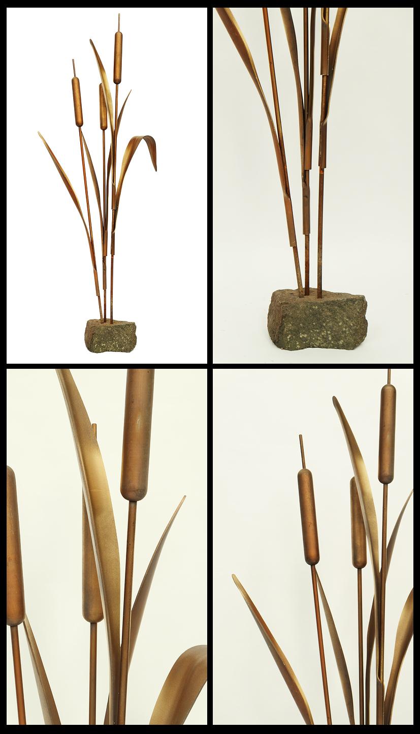 1970s floor-standing bulrush sculpture designed and made in France.

Wood and fiberglass bulrush design with metal stems mounted on a stone base.

Measures: H 162cm x W 65cm x D 24cm.