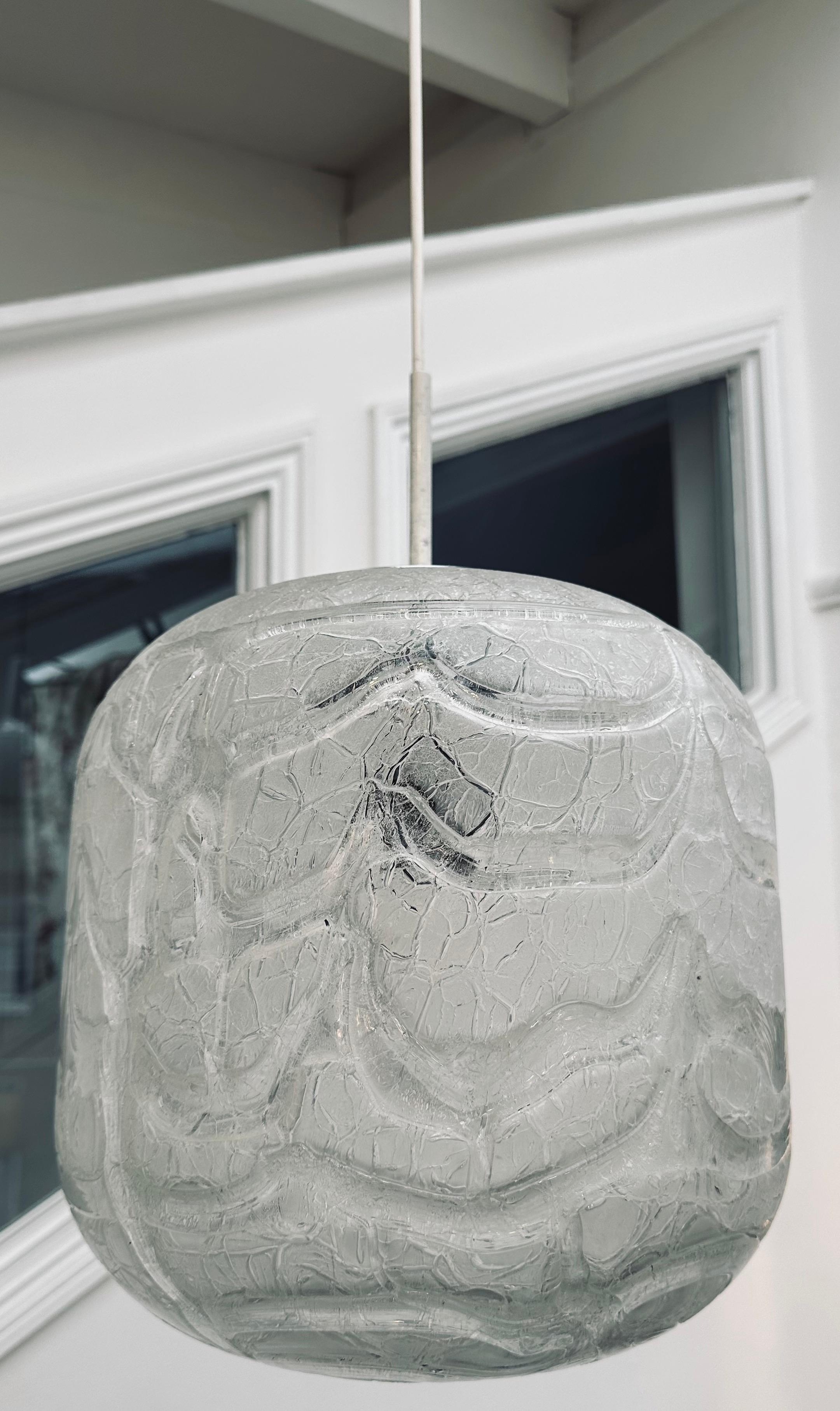 1970s Large German Doria Leuchten Crackle Iced Glass Textured Hanging Light For Sale 7