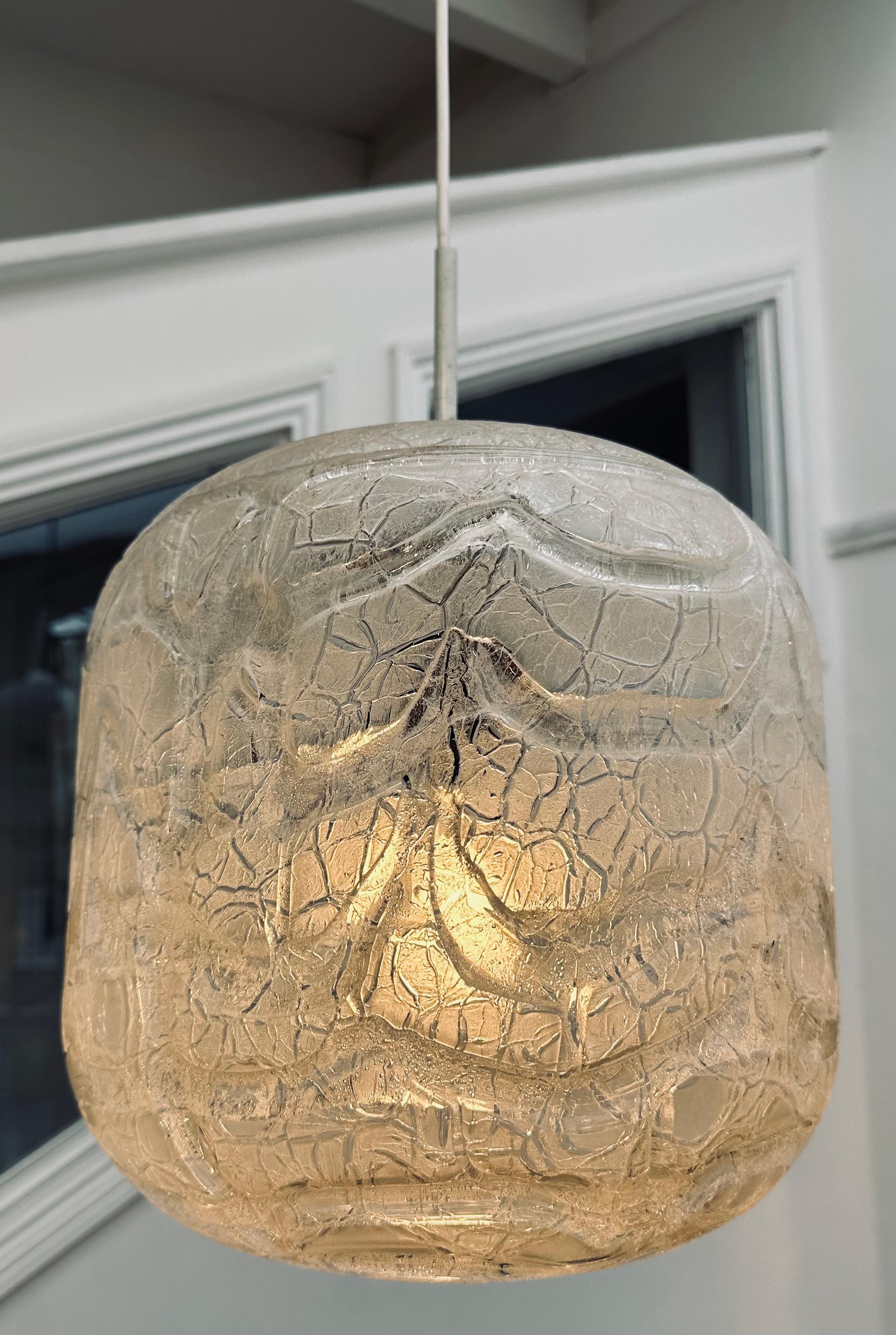1970s Large German Doria Leuchten Crackle Iced Glass Textured Hanging Light In Good Condition For Sale In London, GB