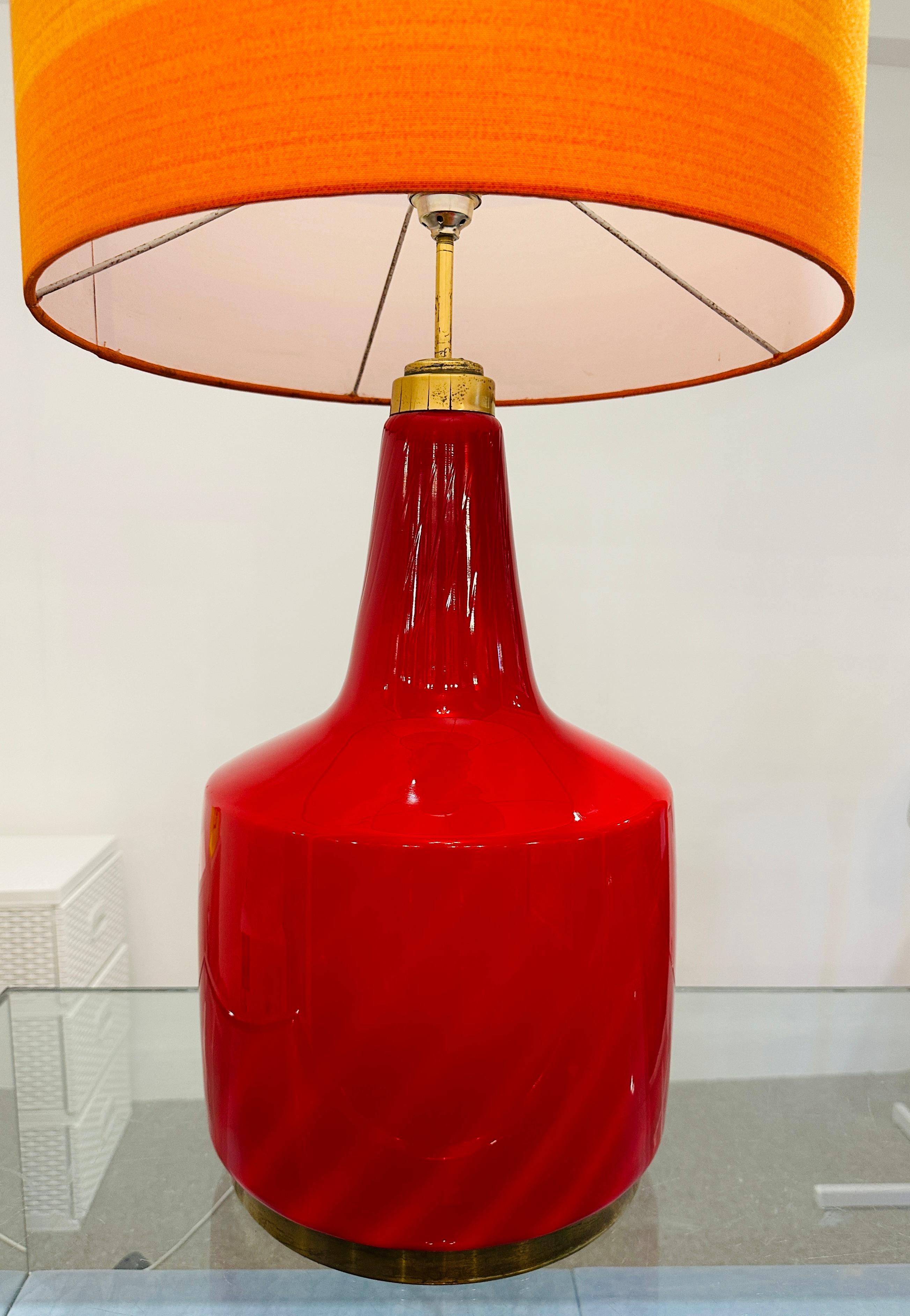 1970s Large German Doria Leuchten Red EncasedGlass and Brass Table/Floor Lamp 3