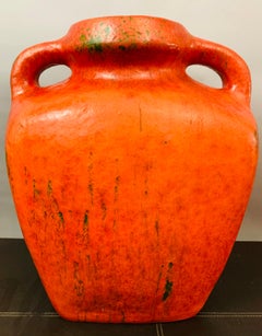 1970s Large German Fat Lava Pottery Orange & Green Handled Vase or Urn