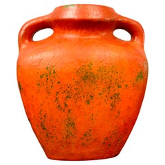 1970s Large German Fat Lava Pottery Orange & Green Handled Vase or Urn