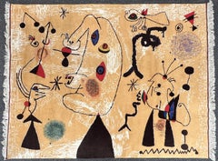 1970s Large Hand-Knotted Wool Rug in Joan Miró Style, Abstract Surealist Design