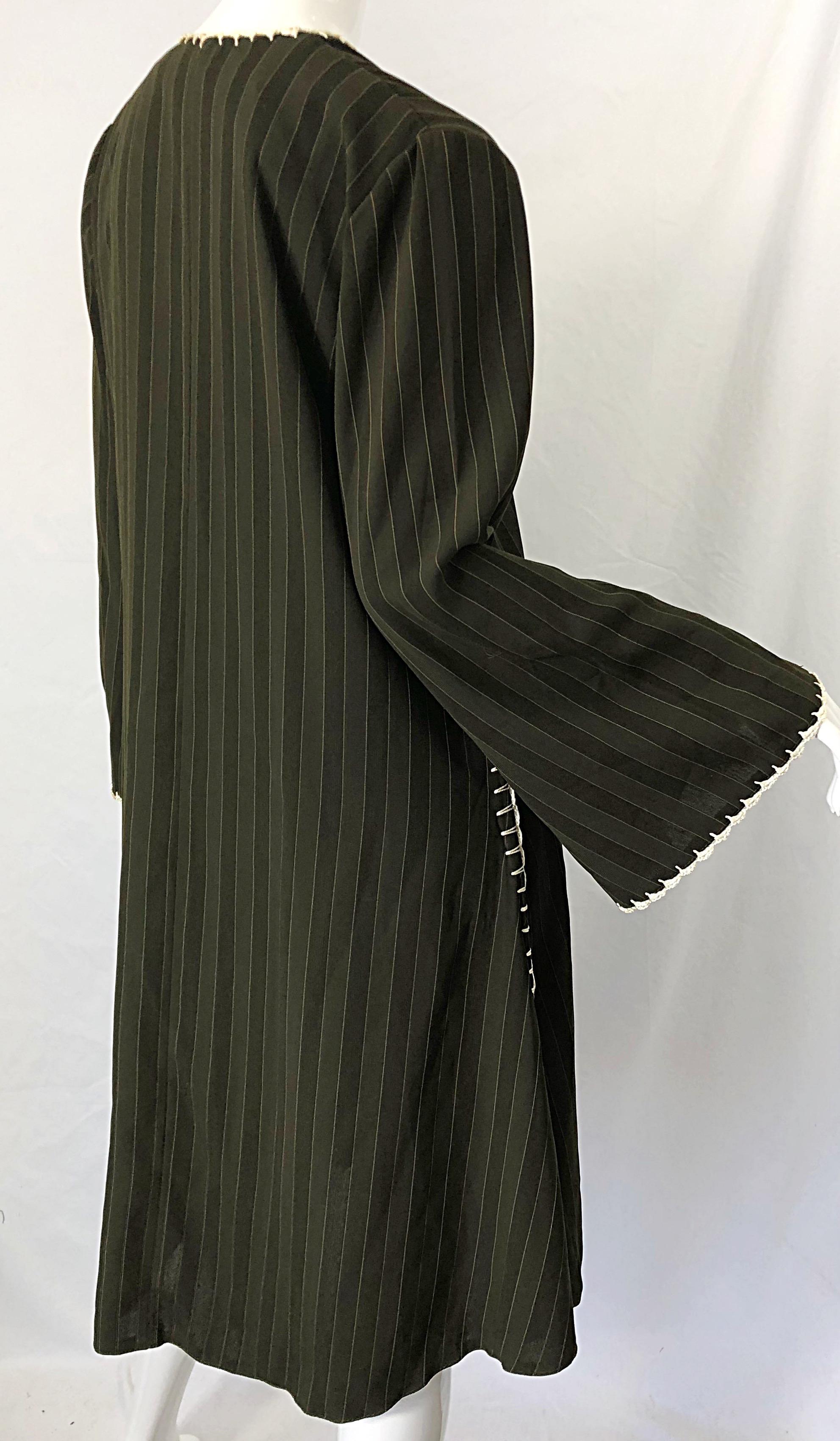 1970s Large Hunter Green Brown Pinstriped Rayon Crochet 70s Vintage Tunic Dress For Sale 2