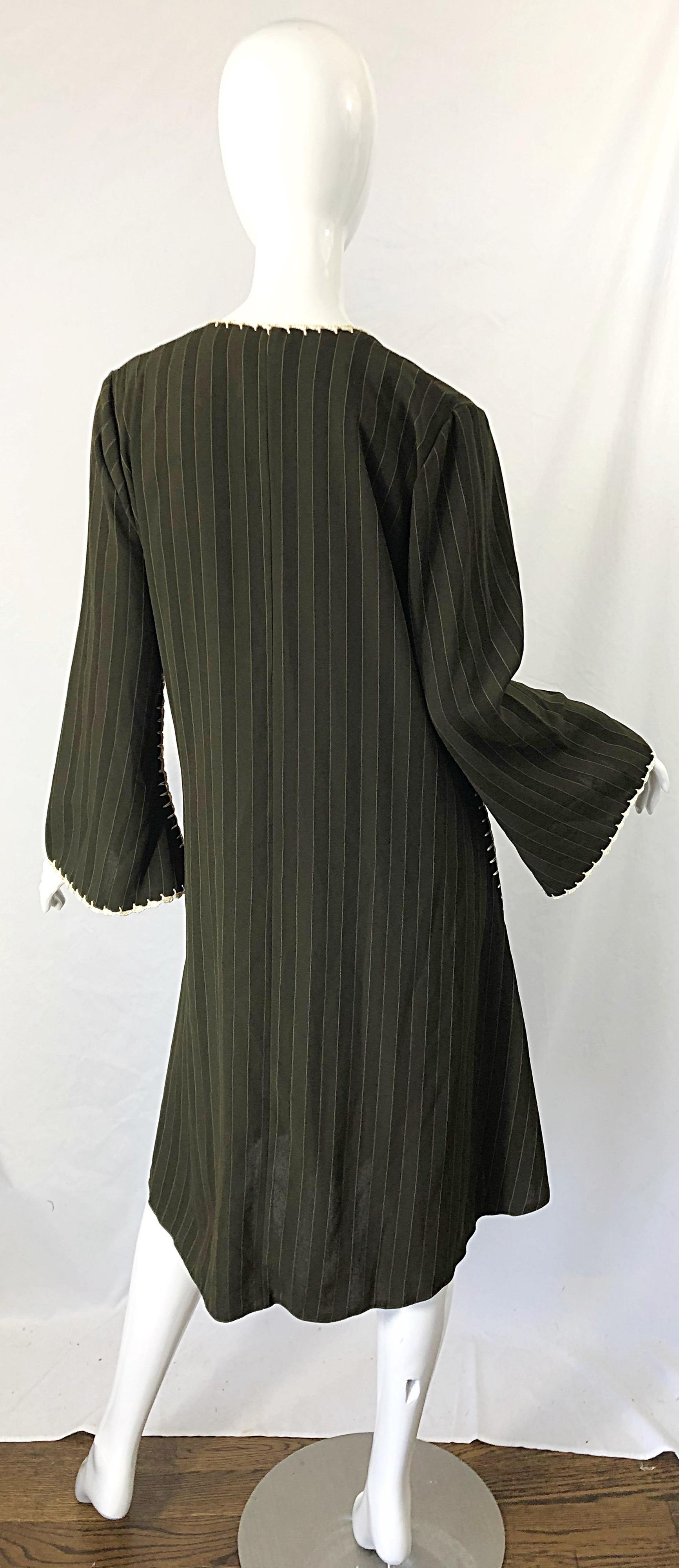 1970s Large Hunter Green Brown Pinstriped Rayon Crochet 70s Vintage Tunic Dress For Sale 4