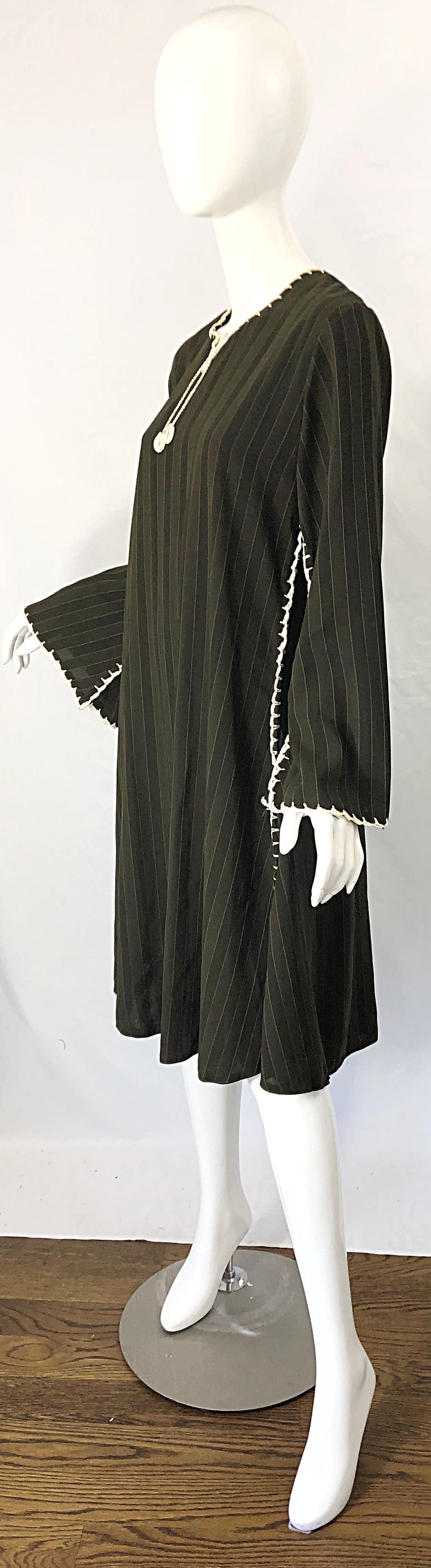De las mujeres Vestido túnica 70s Vintage Rayón Crochet 70s Grande Verde Cazador Marrón A Rayas en venta