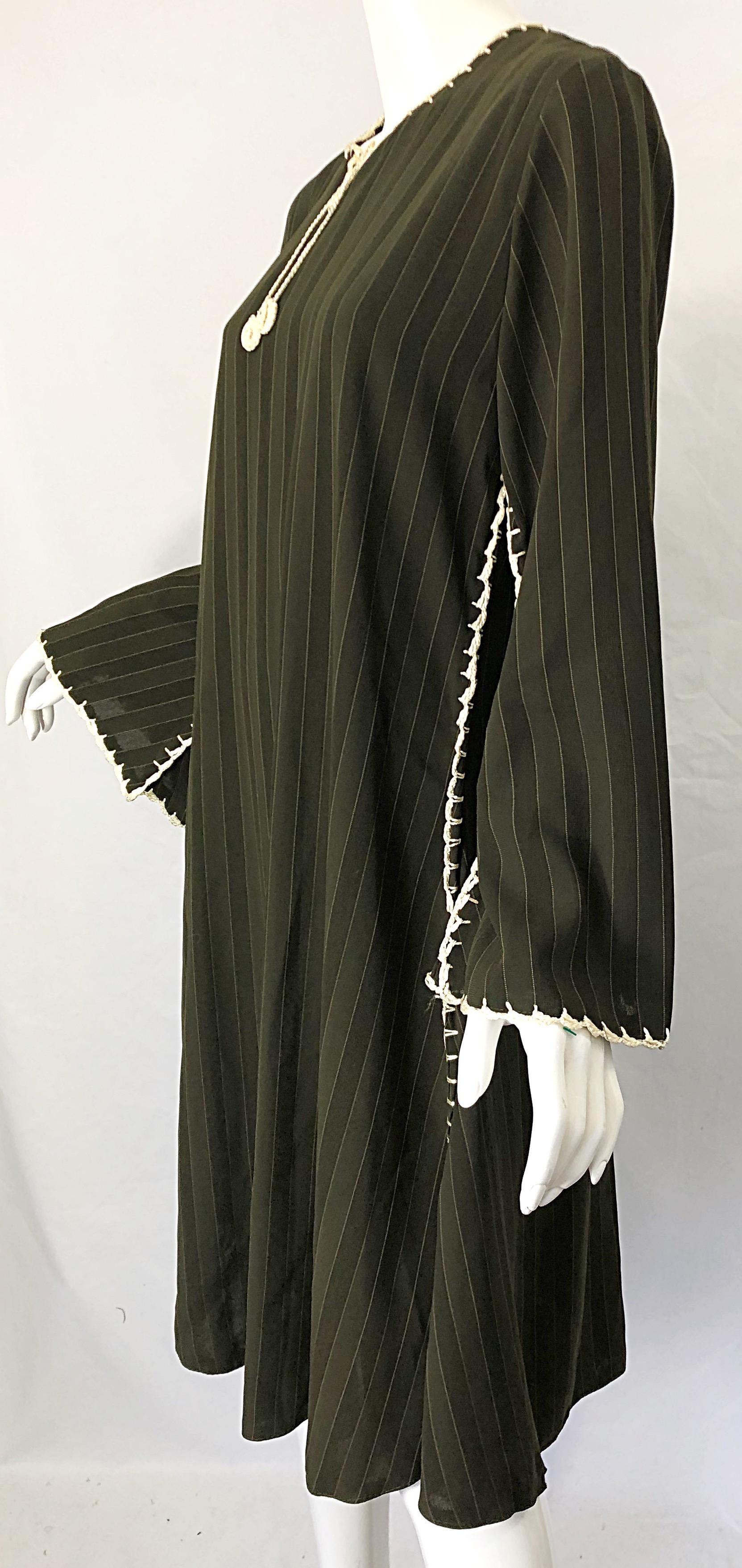 1970s Large Hunter Green Brown Pinstriped Rayon Crochet 70s Vintage Tunic Dress For Sale 1