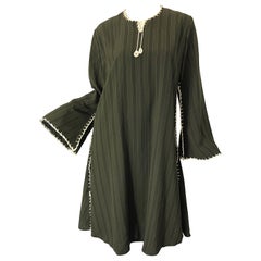 1970s Large Hunter Green Brown Pinstriped Rayon Crochet 70s Retro Tunic Dress