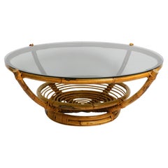1970s large Italian coffee table made of bamboo and original smoked glass