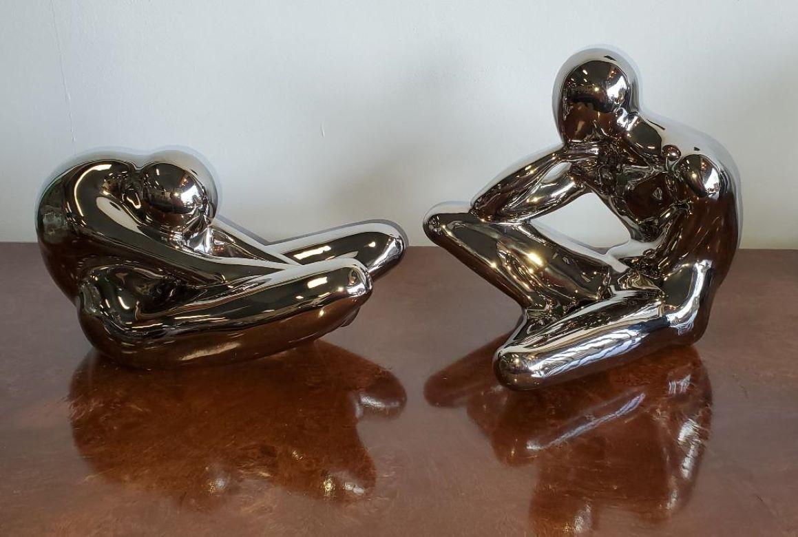 Mid-Century Modern 1970s Large Jaru Metallic Silver Glaze Ceramic Abstract Nude Sculptures, Pair For Sale