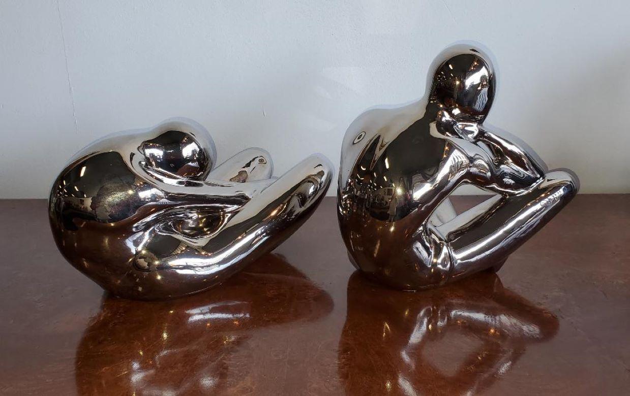 American 1970s Large Jaru Metallic Silver Glaze Ceramic Abstract Nude Sculptures, Pair For Sale