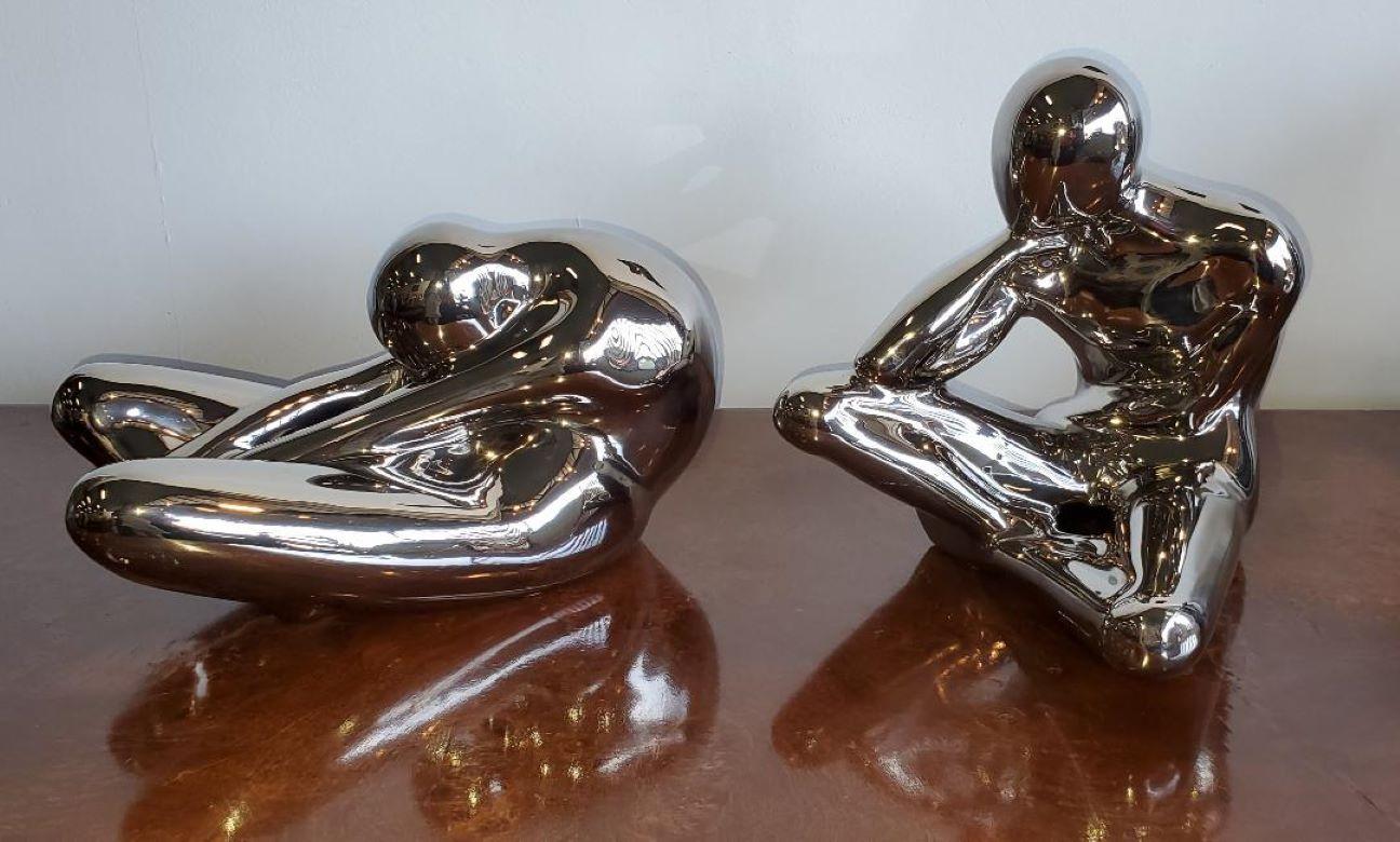 1970s Large Jaru Metallic Silver Glaze Ceramic Abstract Nude Sculptures, Pair In Good Condition For Sale In Monrovia, CA