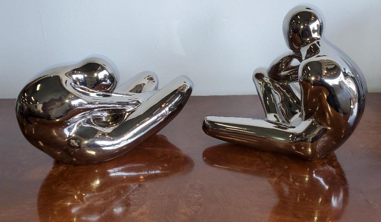 Late 20th Century 1970s Large Jaru Metallic Silver Glaze Ceramic Abstract Nude Sculptures, Pair For Sale