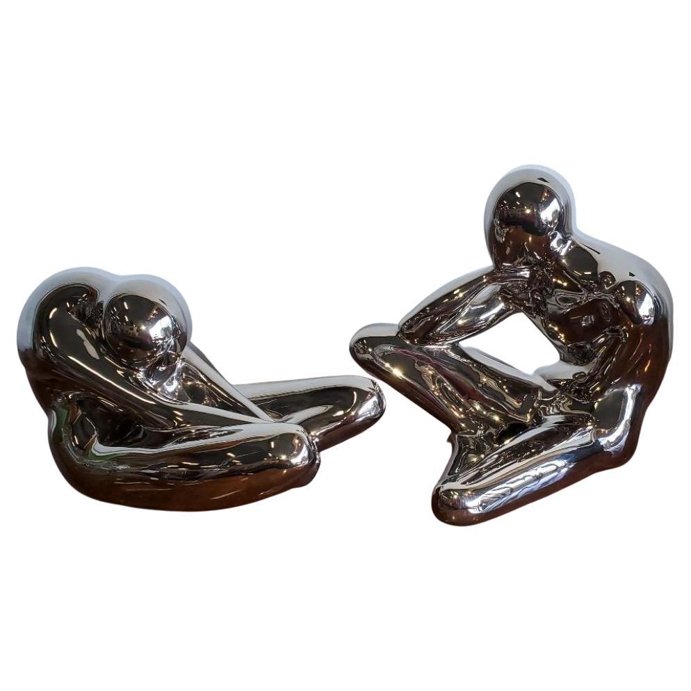 1970s Large Jaru Metallic Silver Glaze Ceramic Abstract Nude Sculptures, Pair