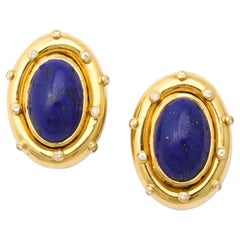 1970's Large Lapis Lazuli with Diamonds Gold Earclips