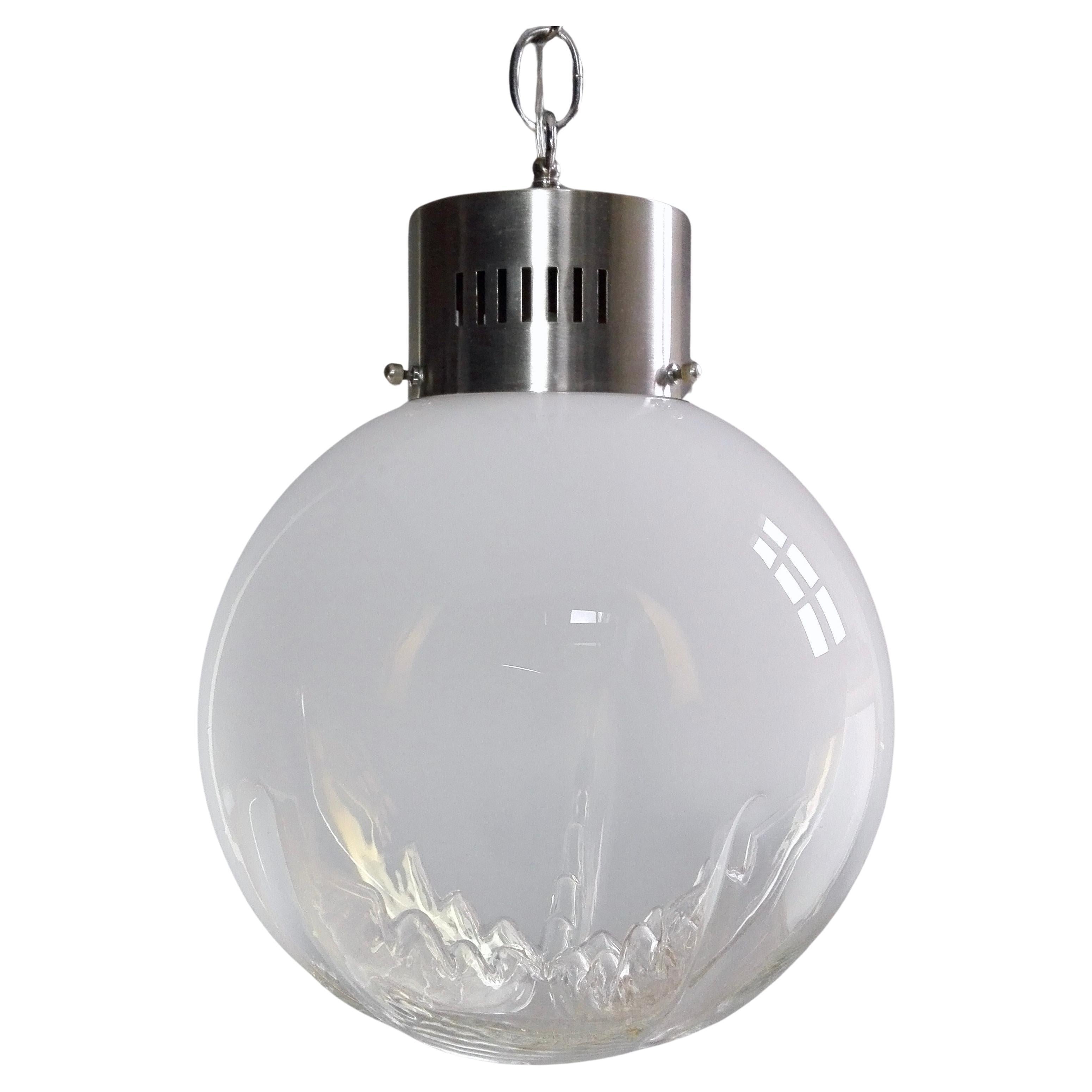 Large 70s Murano Mazzega attributable one-light pendant light. Chrome and hand blown clear and milky white 