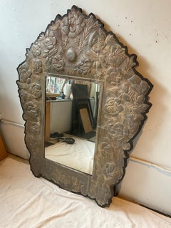 1970s Large Mexican Floral Tin Mirror