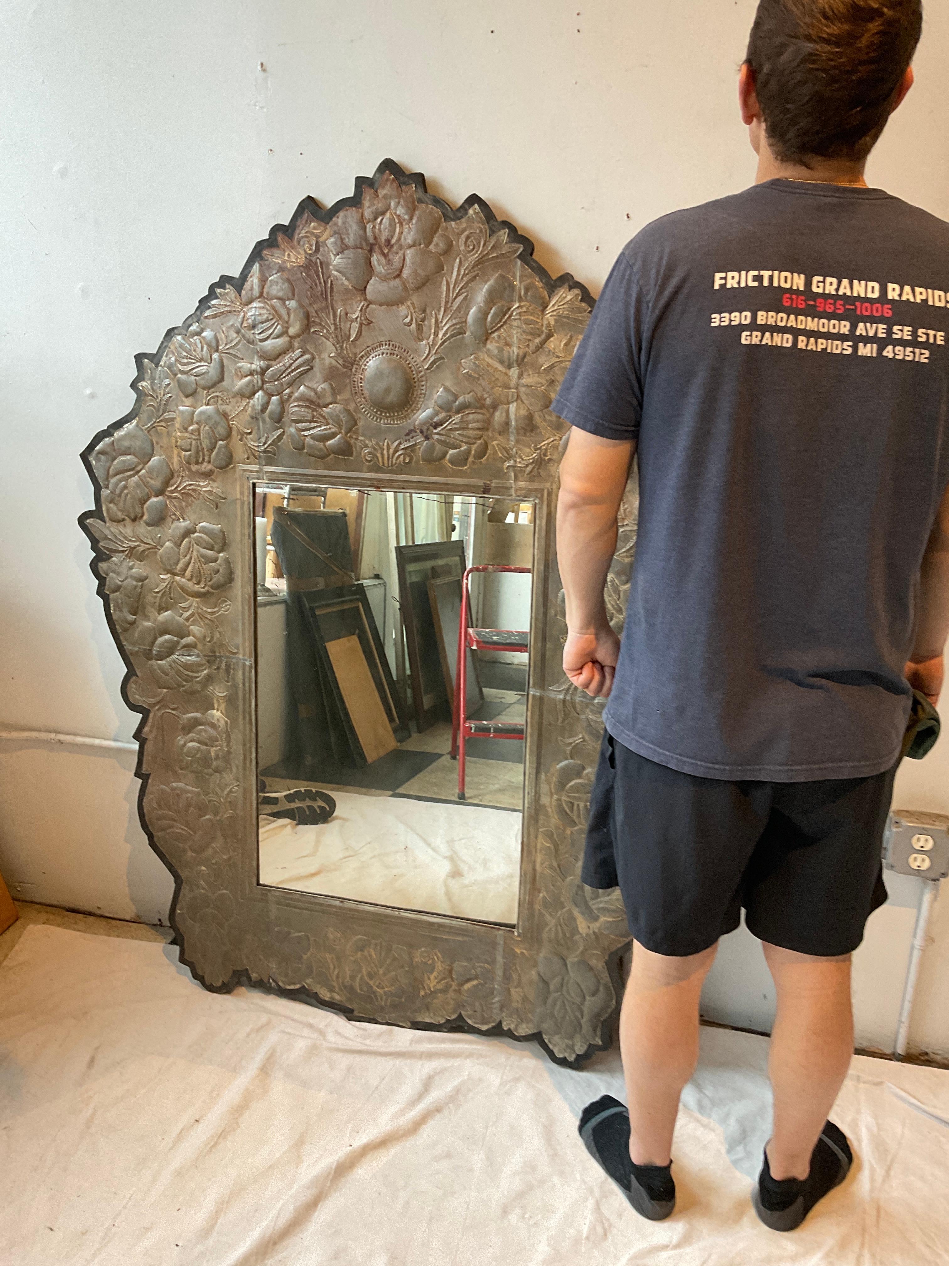 1970s Large Mexican Floral Tin Mirror In Fair Condition For Sale In Tarrytown, NY