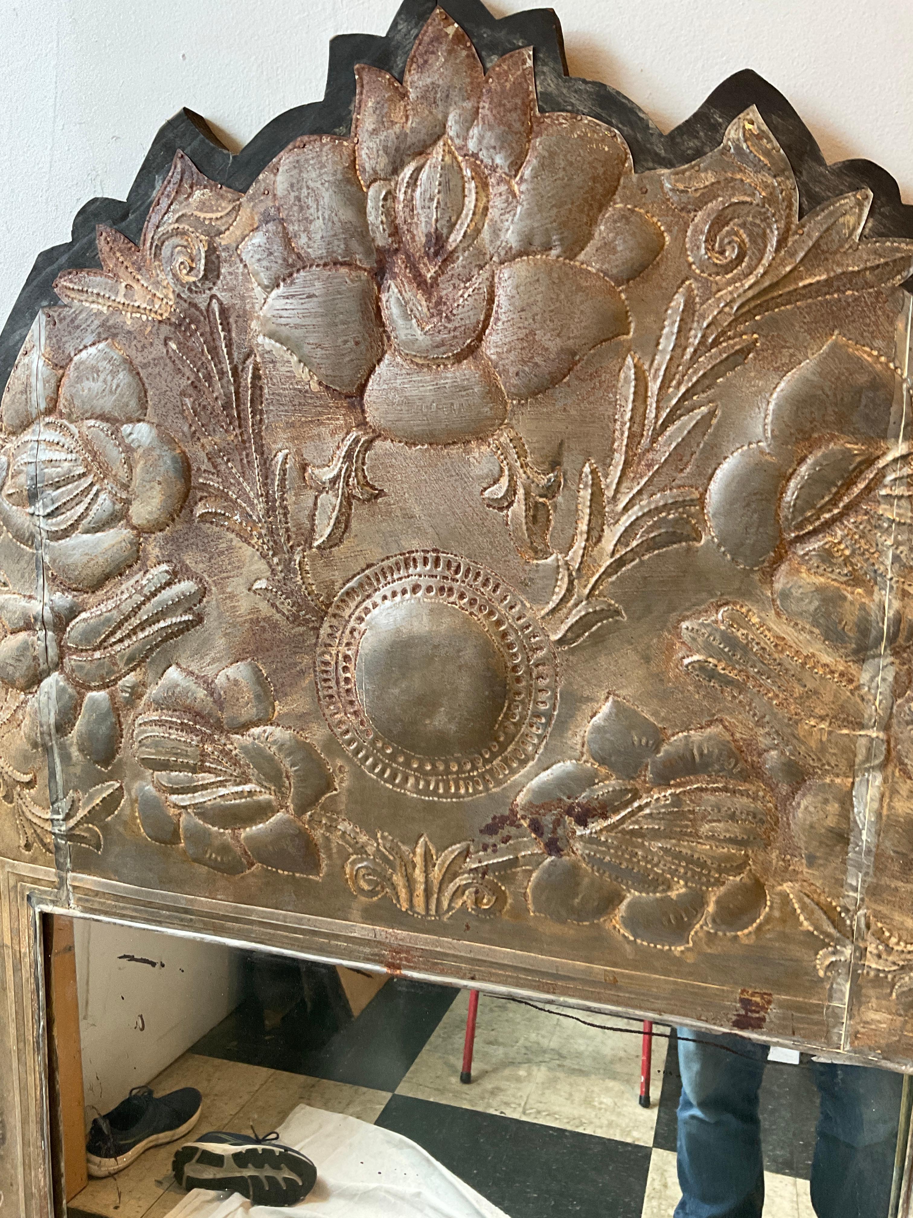 Late 20th Century 1970s Large Mexican Floral Tin Mirror For Sale