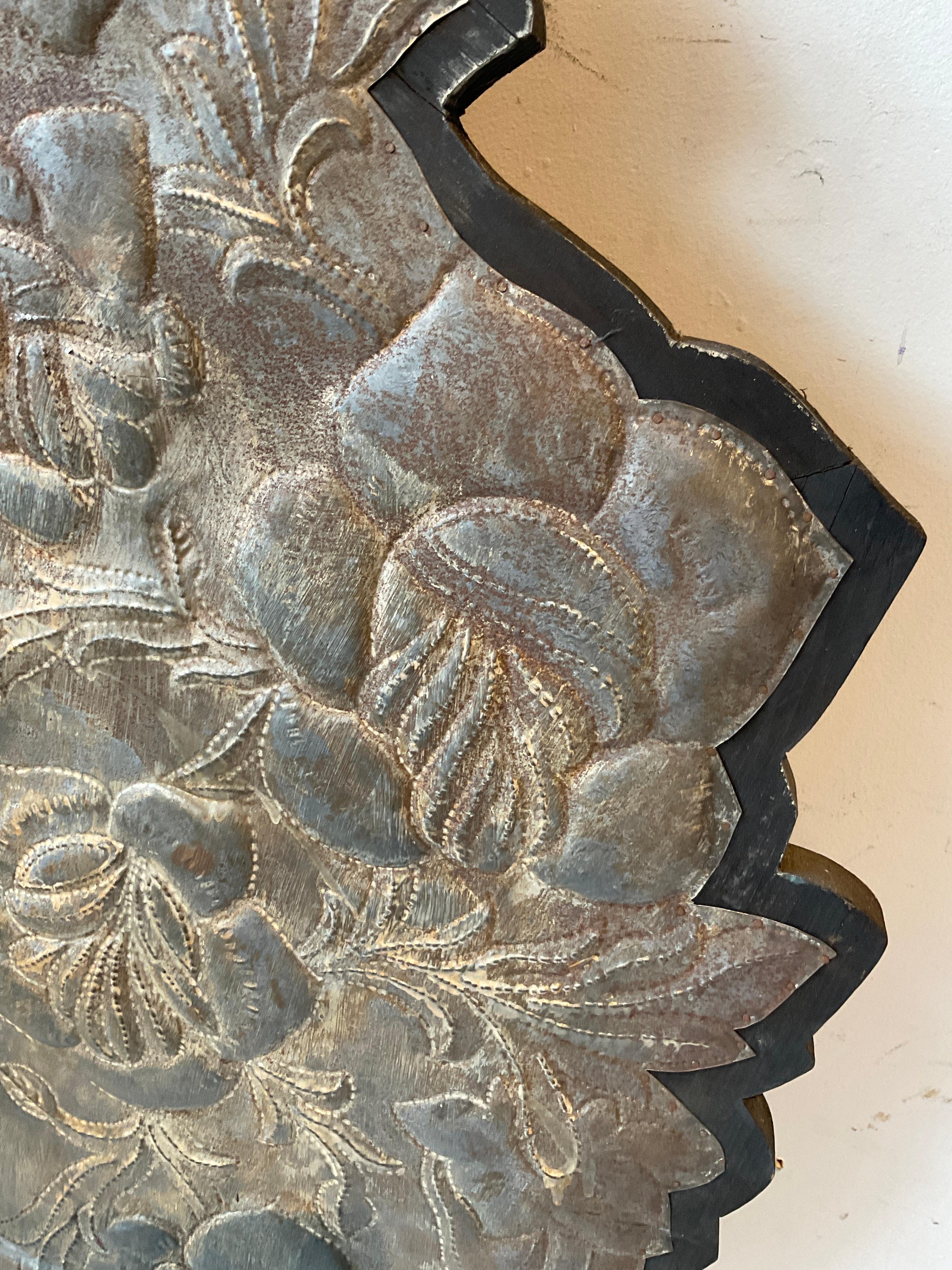 1970s Large Mexican Floral Tin Mirror For Sale 1