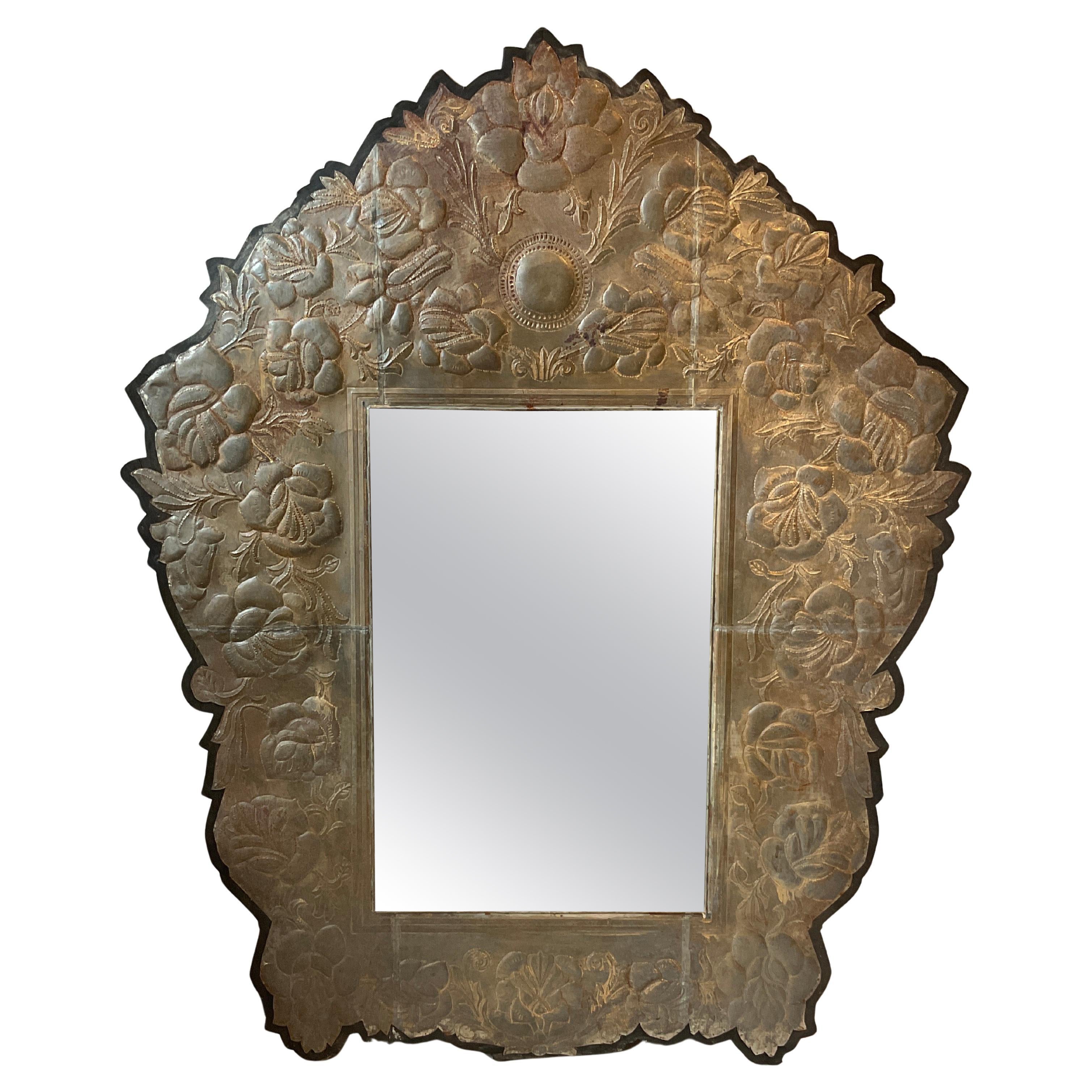 1970s Large Mexican Floral Tin Mirror For Sale
