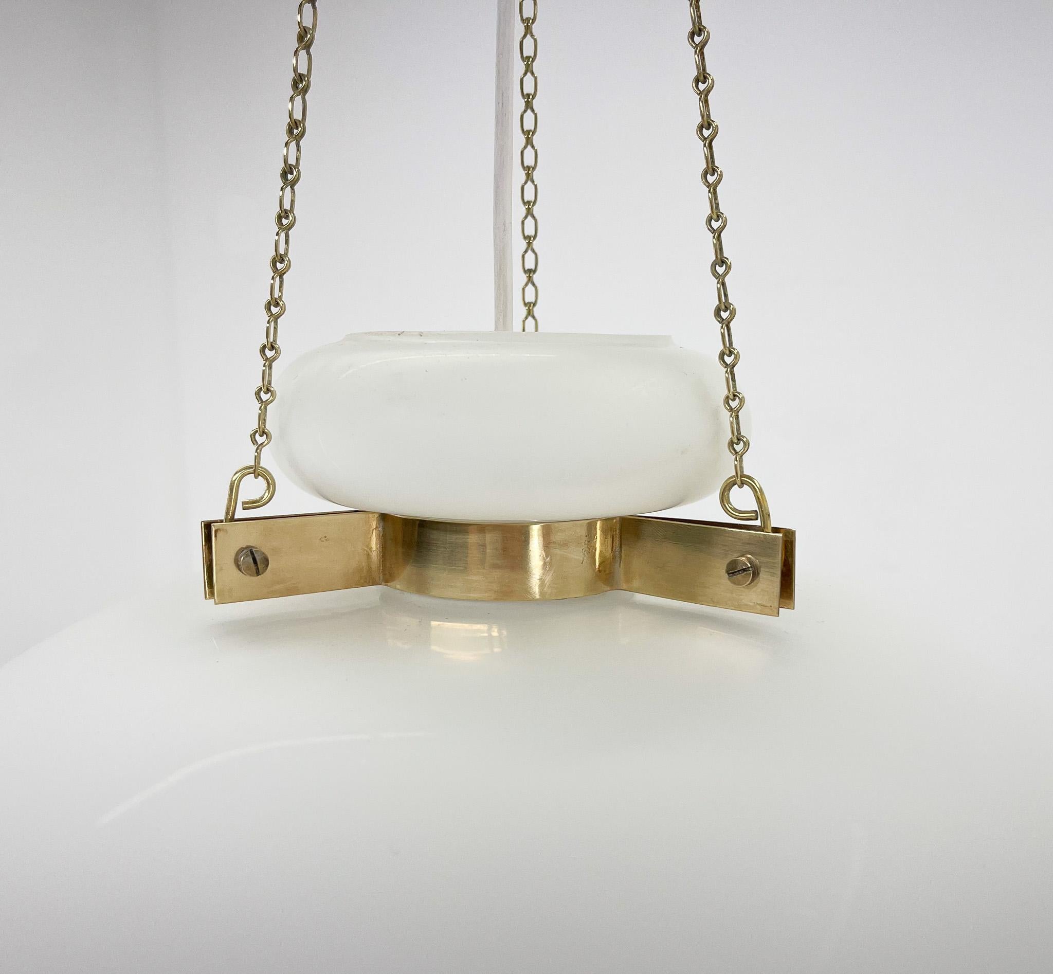 20th Century 1970's Large Opaline Glass & Brass Pendant Light