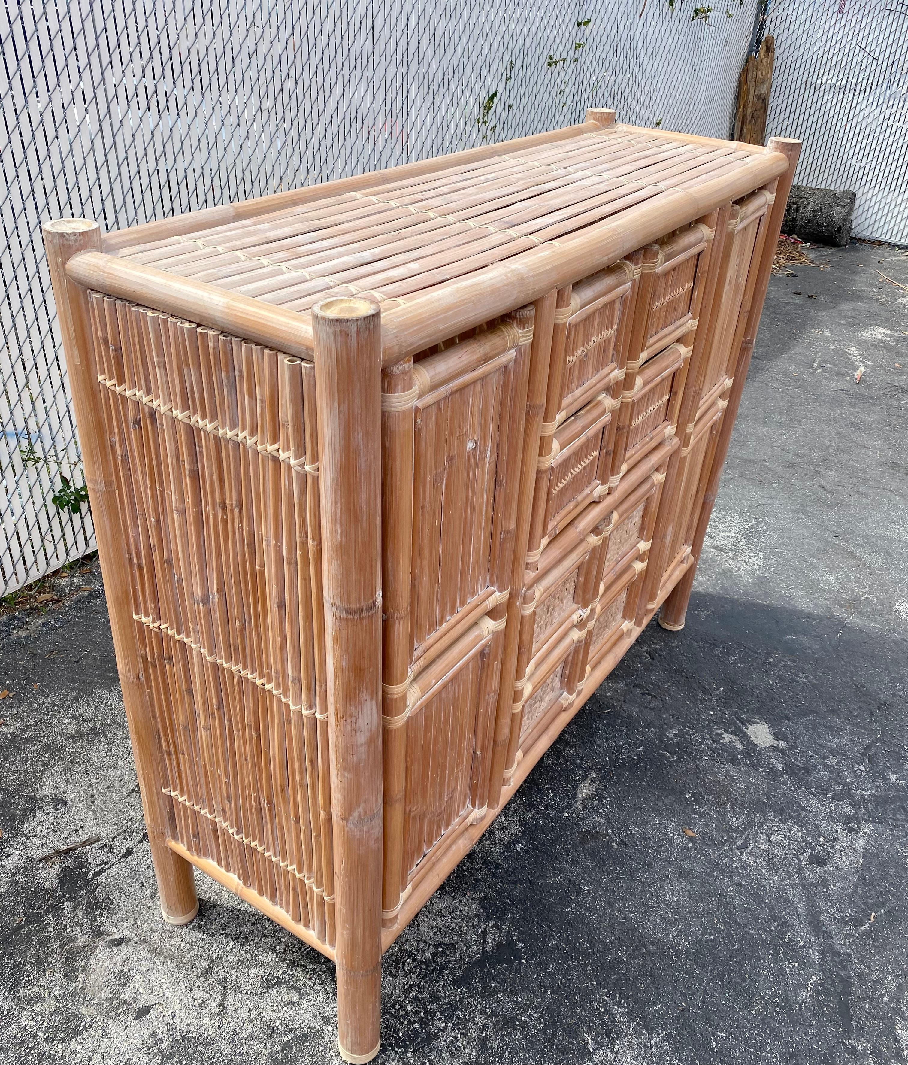 Bohemian 1970s Large Organic Bamboo Rattan Slatted Storage Cabinet Wardrobe For Sale