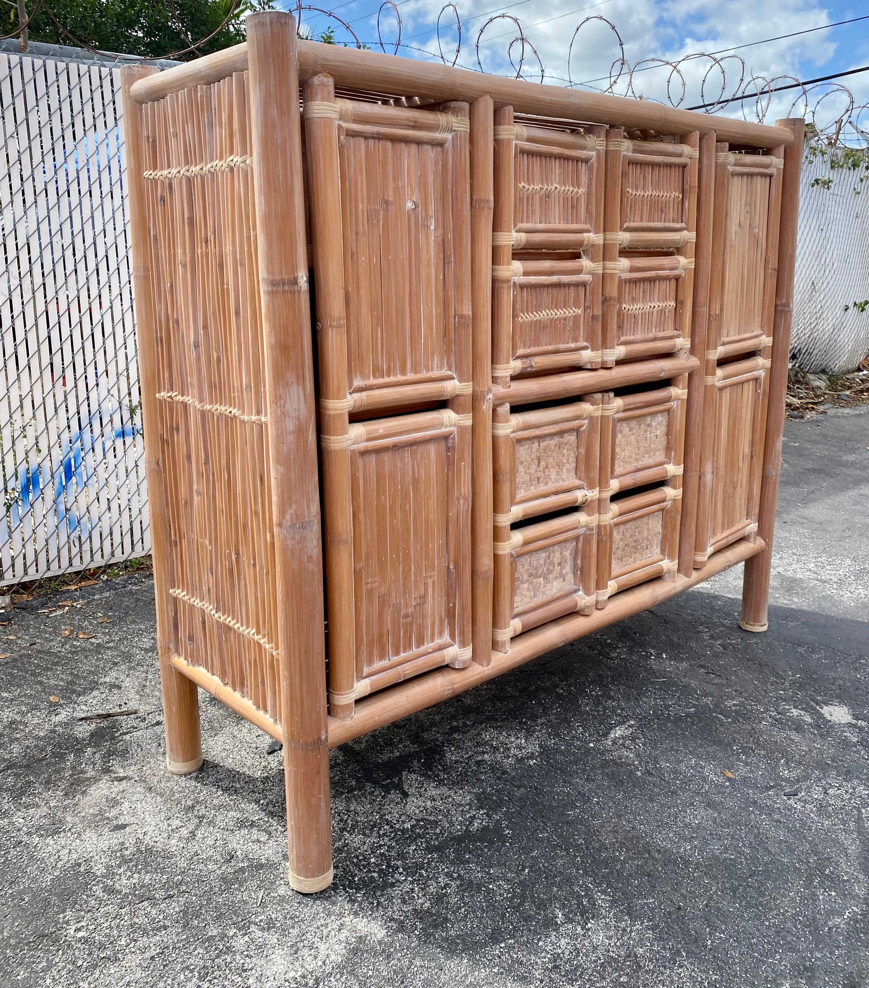 Philippine 1970s Large Organic Bamboo Rattan Slatted Storage Cabinet Wardrobe For Sale