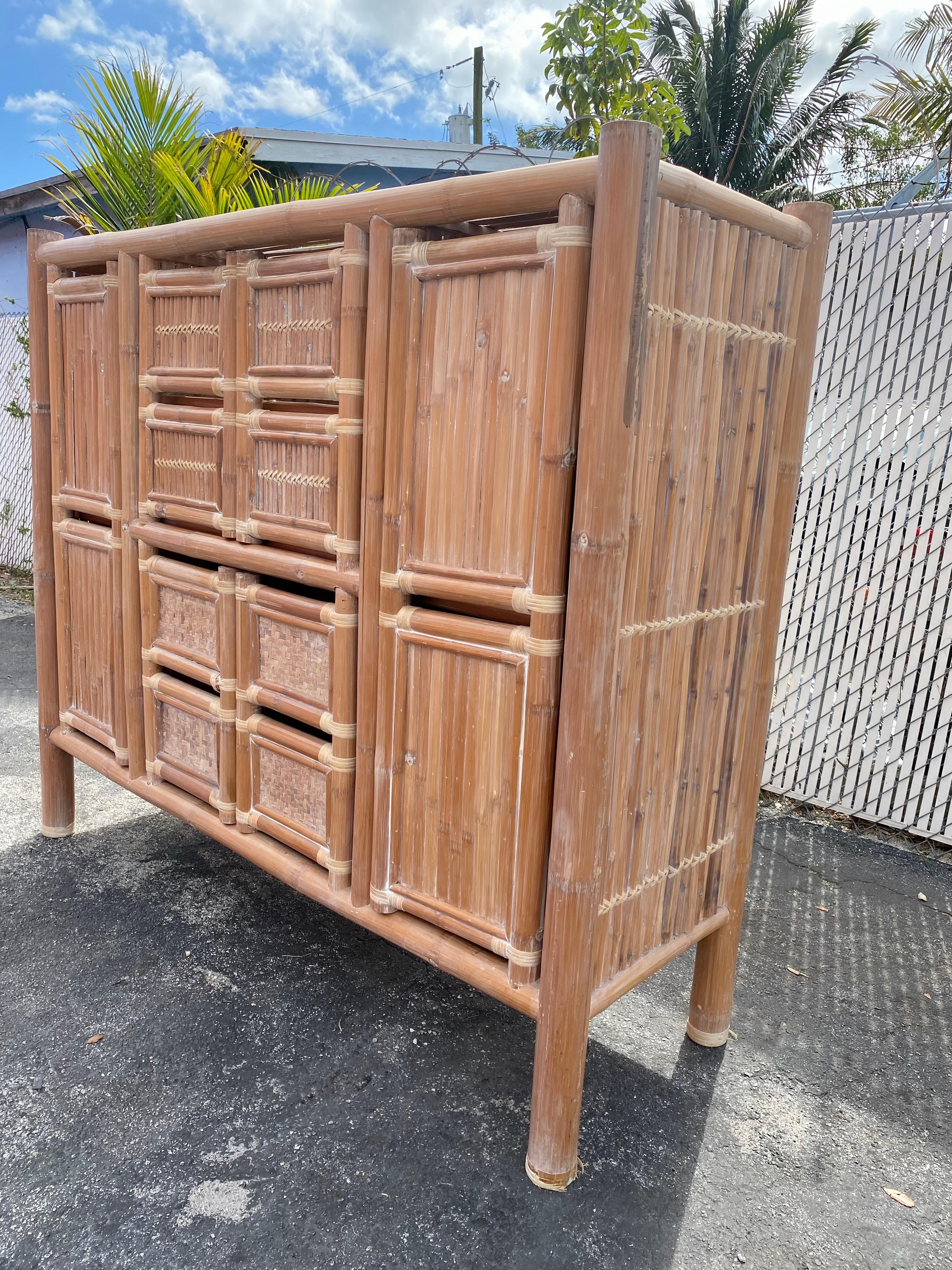 1970s Large Organic Bamboo Rattan Slatted Storage Cabinet Wardrobe In Good Condition For Sale In Fort Lauderdale, FL