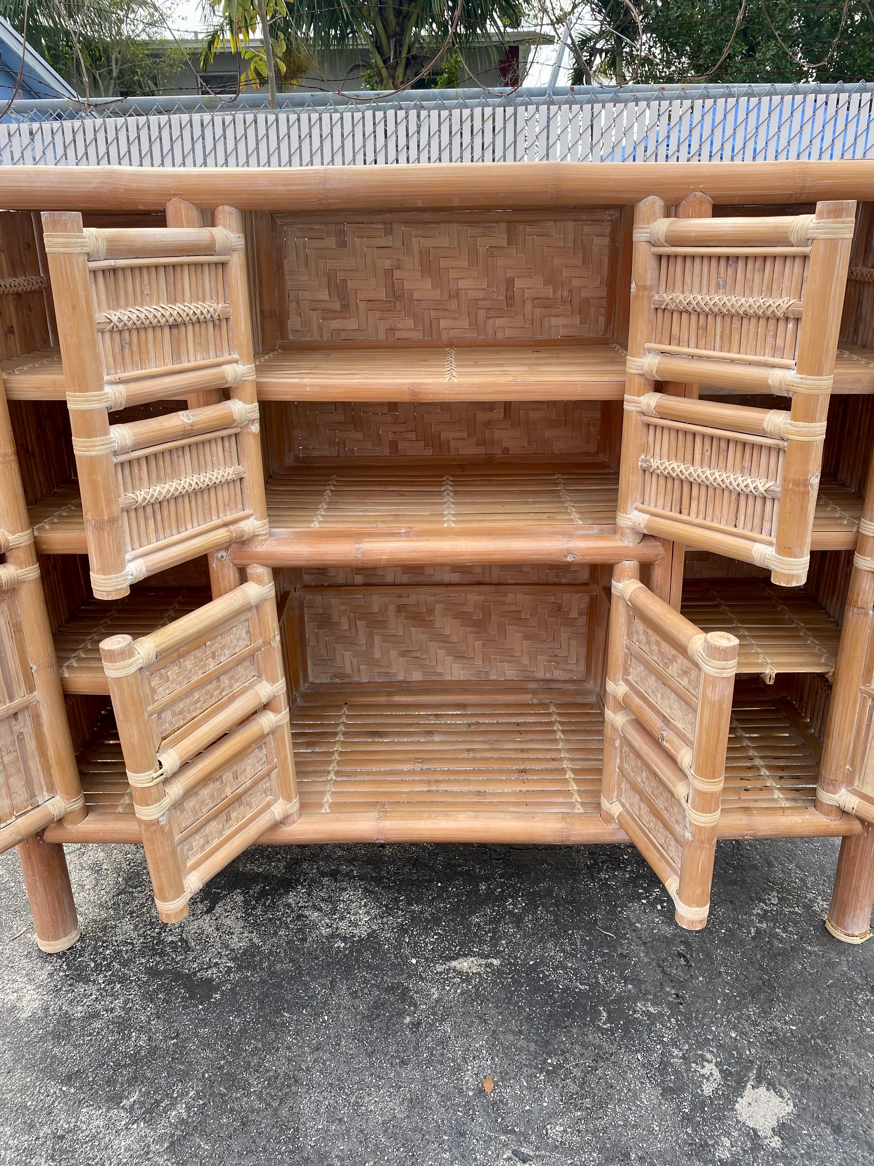Late 20th Century 1970s Large Organic Bamboo Rattan Slatted Storage Cabinet Wardrobe For Sale